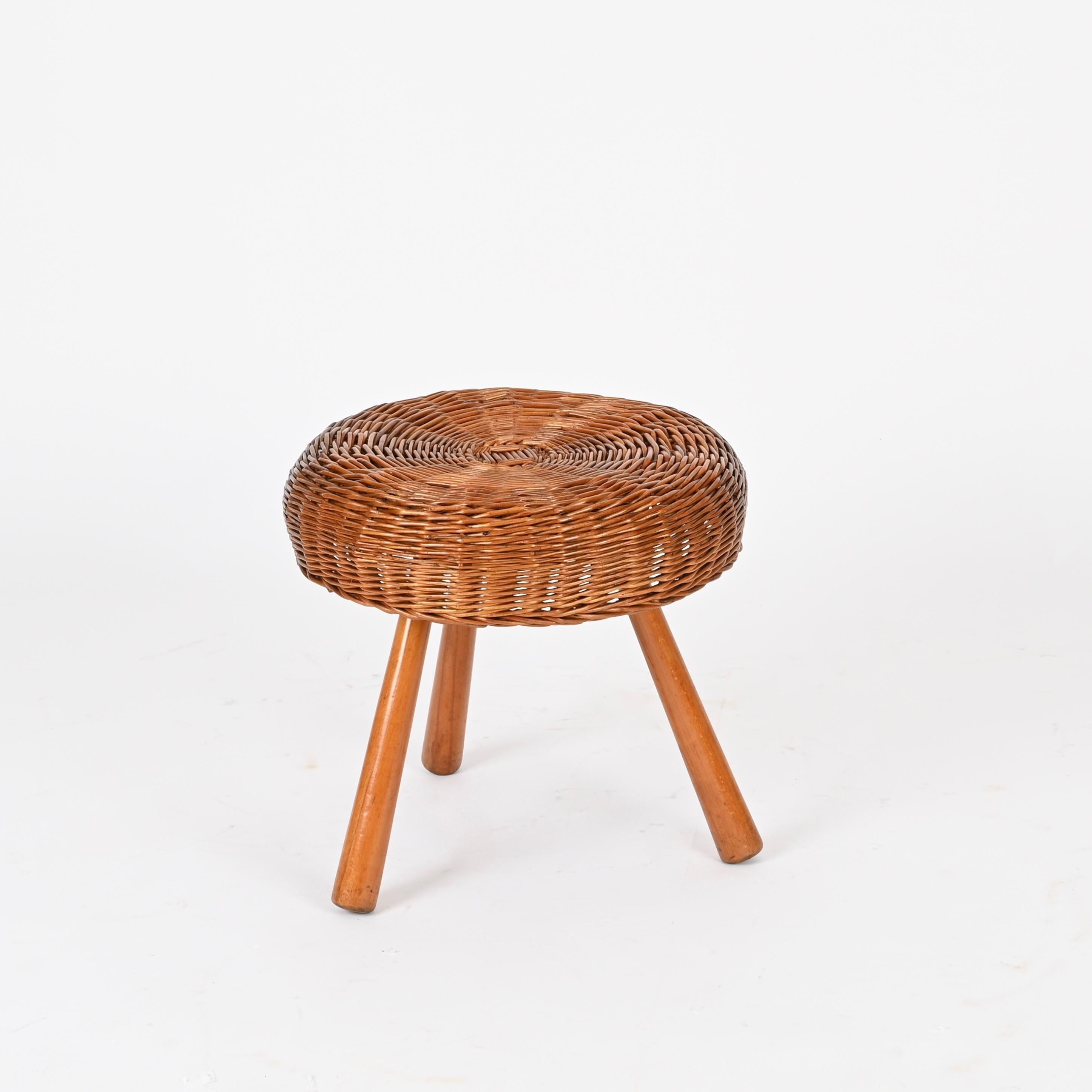 Tony Paul Gran Pareja de Taburetes o Mesas Auxiliares de Mimbre y Madera, EEUU, Años 50 en venta 4