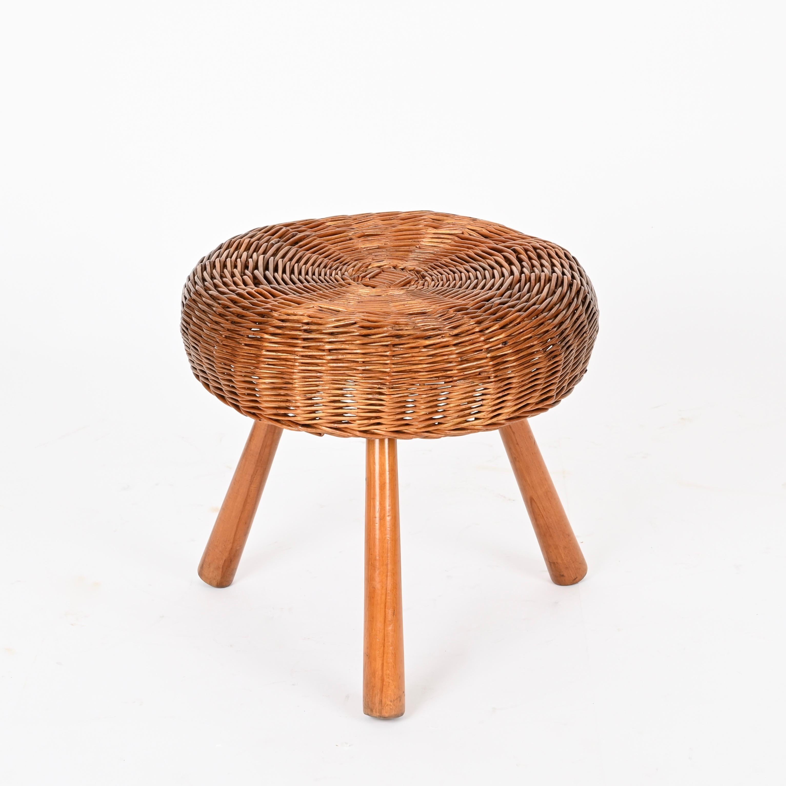 Tony Paul Gran Pareja de Taburetes o Mesas Auxiliares de Mimbre y Madera, EEUU, Años 50 en venta 9