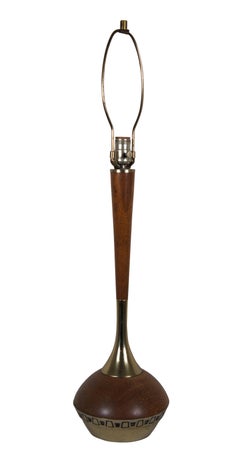 Tony Paul Laurel Mid Century Modern Teak & Brass Genie Bottle Table Lamp 33"