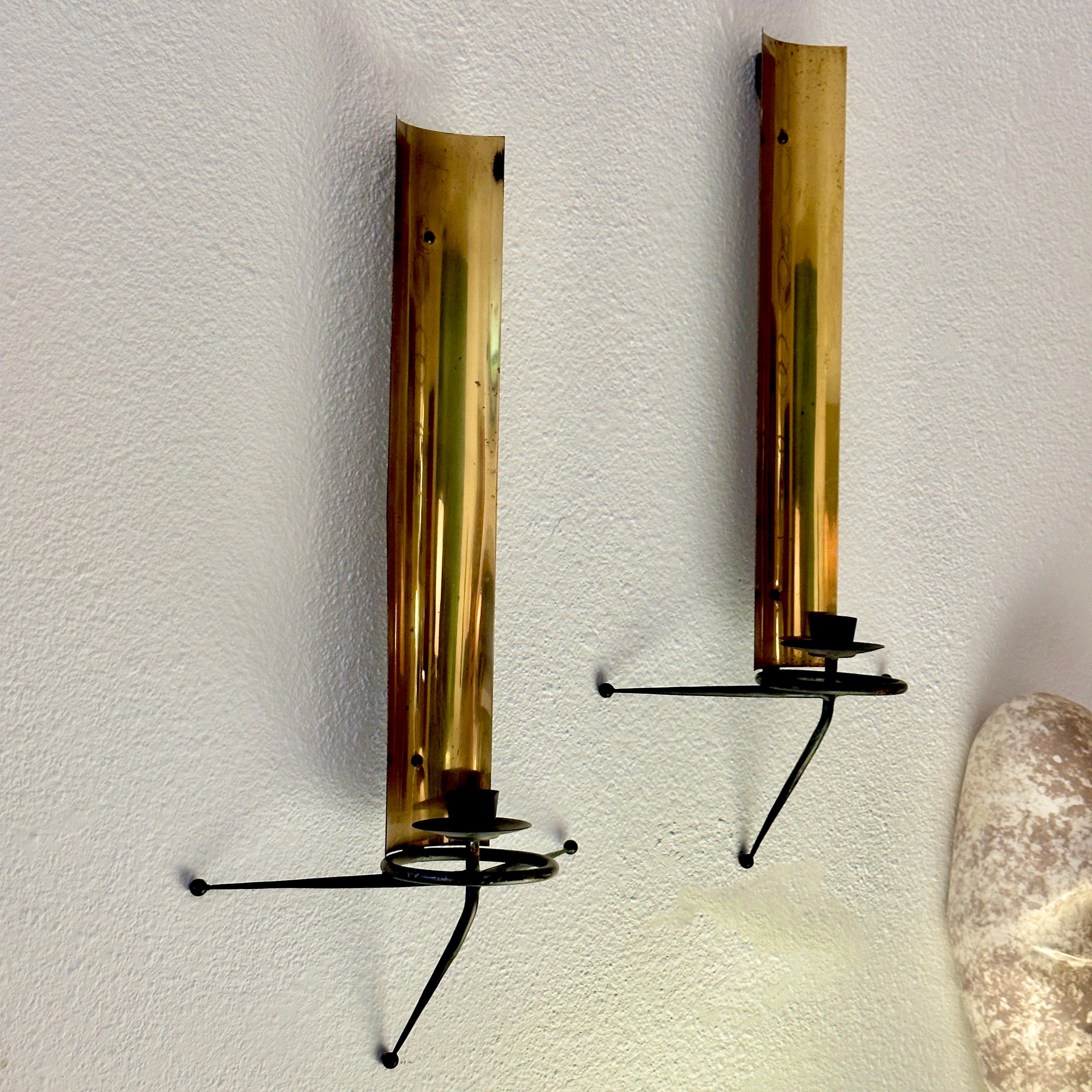 Mid-Century Modern Tony Paul Pair Atomic Brass and Metal Candle Sconces, ca 1950s