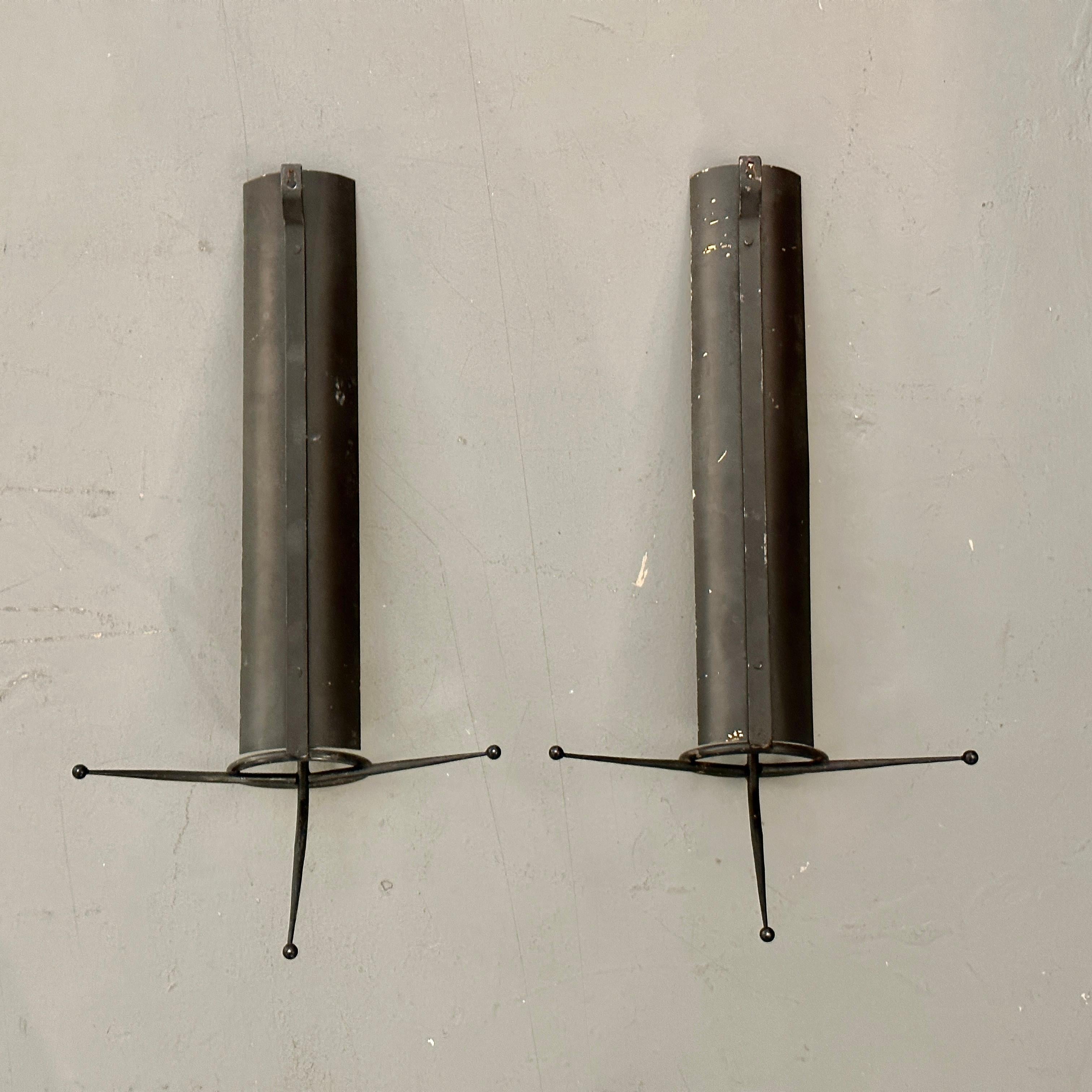 American Tony Paul Pair Atomic Brass and Metal Candle Sconces, ca 1950s