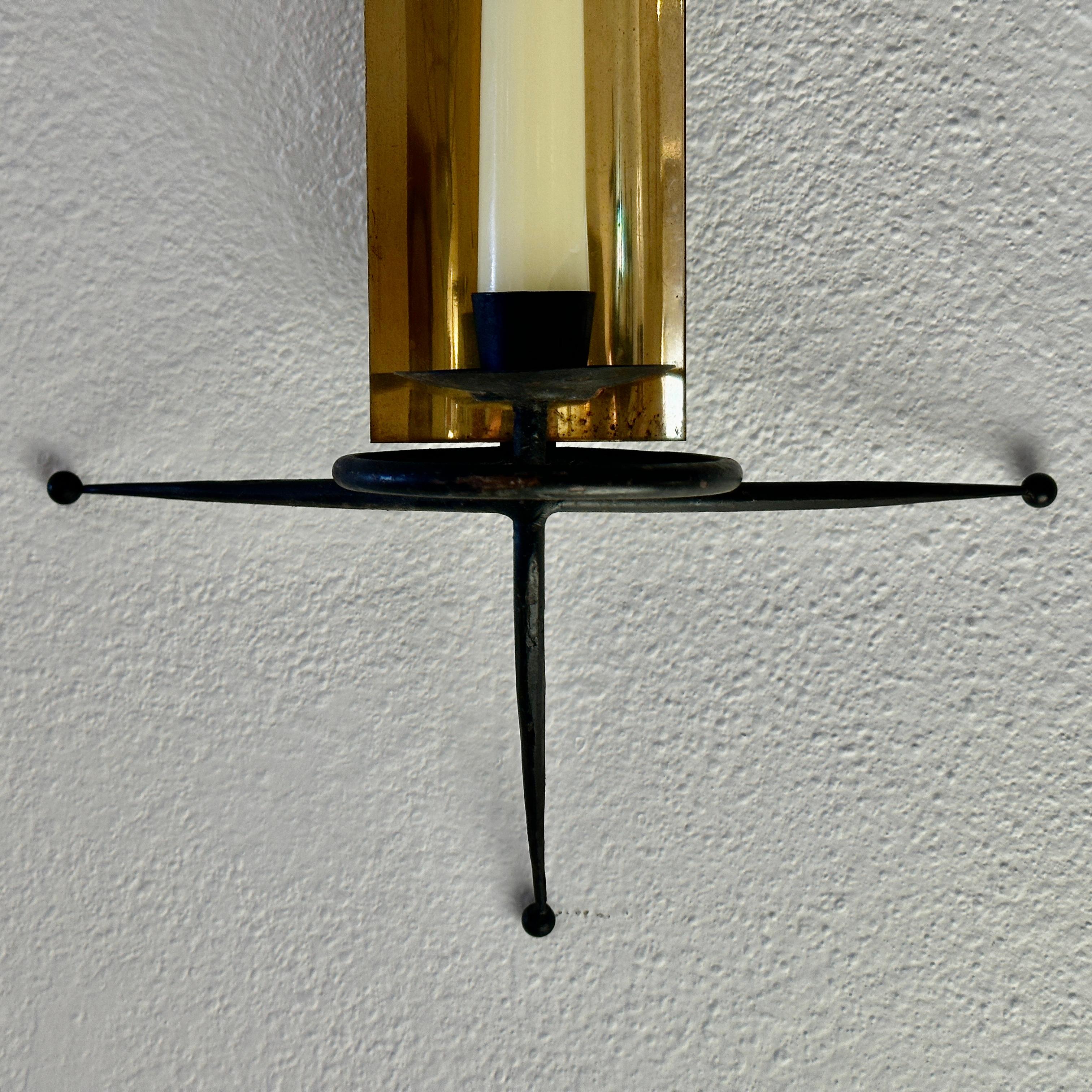 Polished Tony Paul Pair Atomic Brass and Metal Candle Sconces, ca 1950s