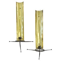Tony Paul Pair Atomic Brass and Metal Candle Sconces, ca 1950s