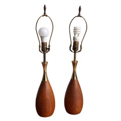 Tony Paul Pair of Mid-Century Modern Table Lamps, Walnut & Brass, 1965