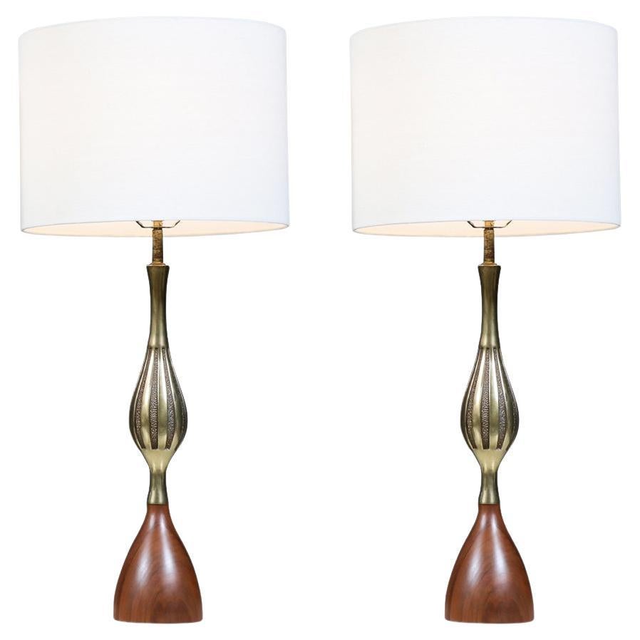 Tony Paul Sculpted Brass 
Walnut Table Lamps for Westwood Industries For Sale