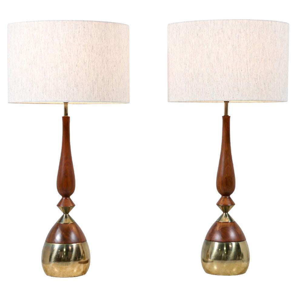 Expertly Restored - Tony Paul Sculpted Walnut & Brass Table Lamps For Sale