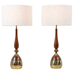 Retro Expertly Restored - Tony Paul Sculpted Walnut & Brass Table Lamps