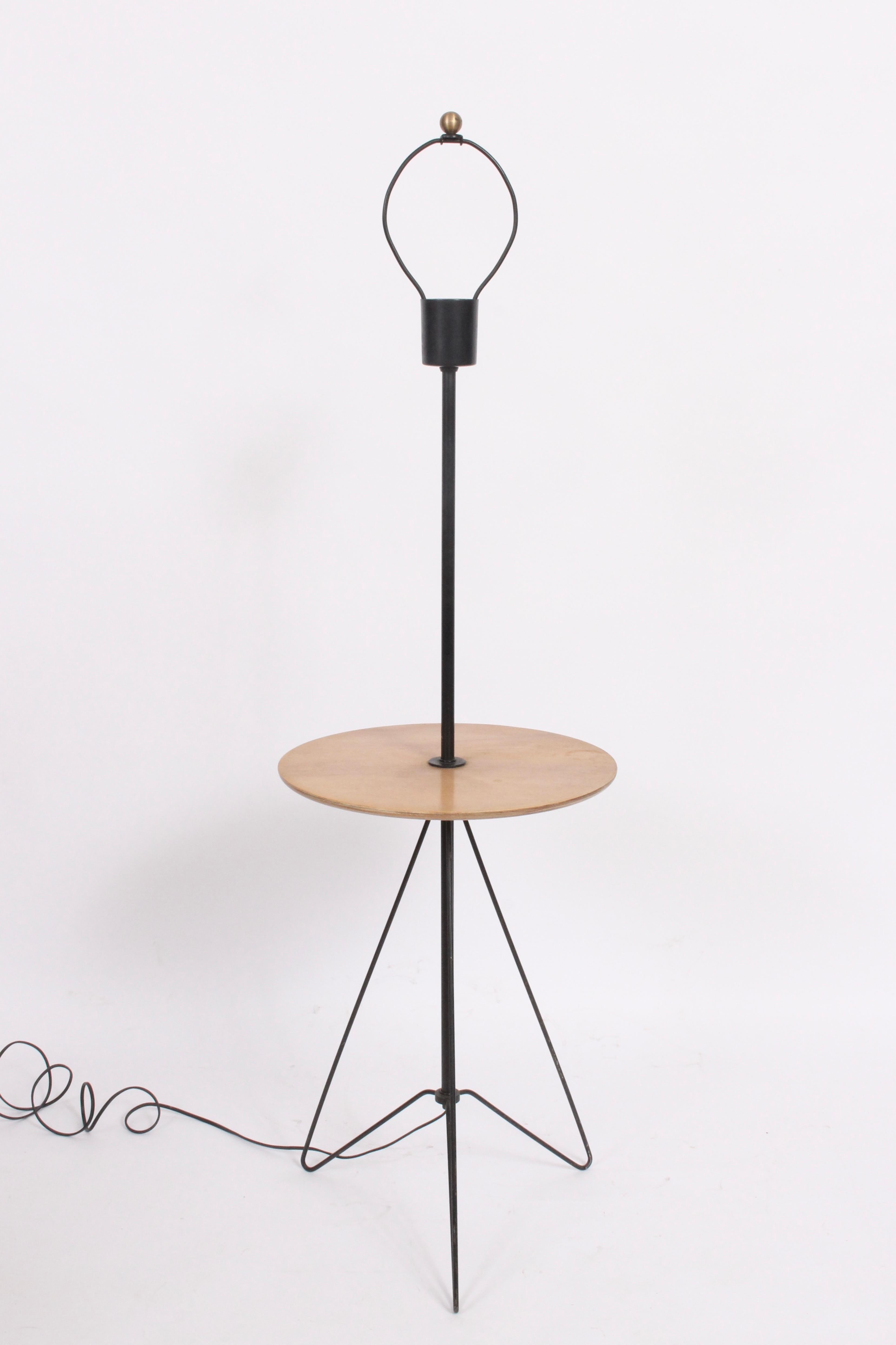 Tony Paul  Style Maple, Black Metal & Black Wire Side Table, Reading Floor Lamp. Nightstand. Featuring a tubular black stem, circular solid Maple surface, balanced black wire 16 D hairpin base with original black enameled socket surround and harp.