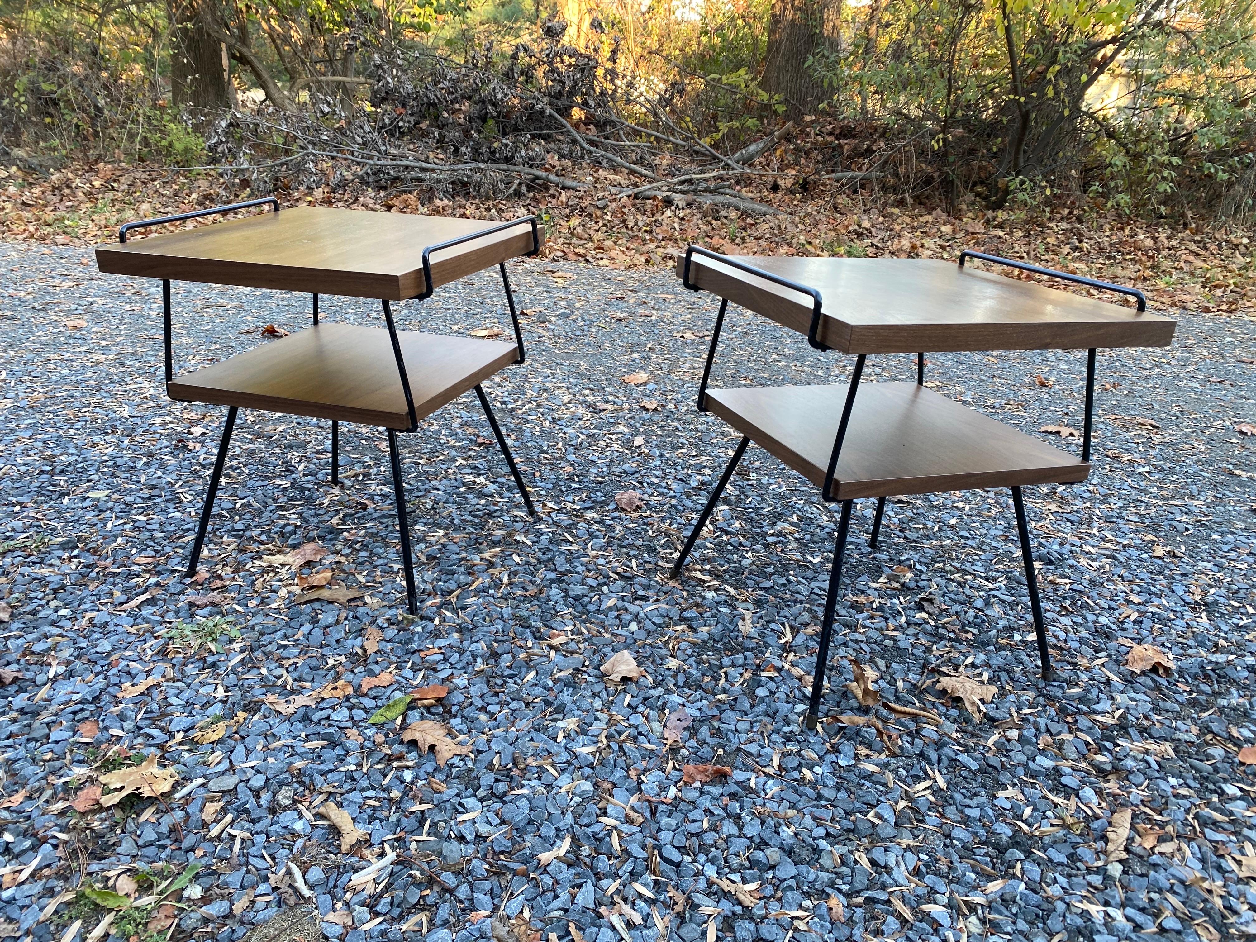 Pair of Tony Paul Iron and Walnut Side Tables.  New Walnut shelves just made!  Great useful design with a 1950's vibe!  Matching Coffee Table available in a separate listing.