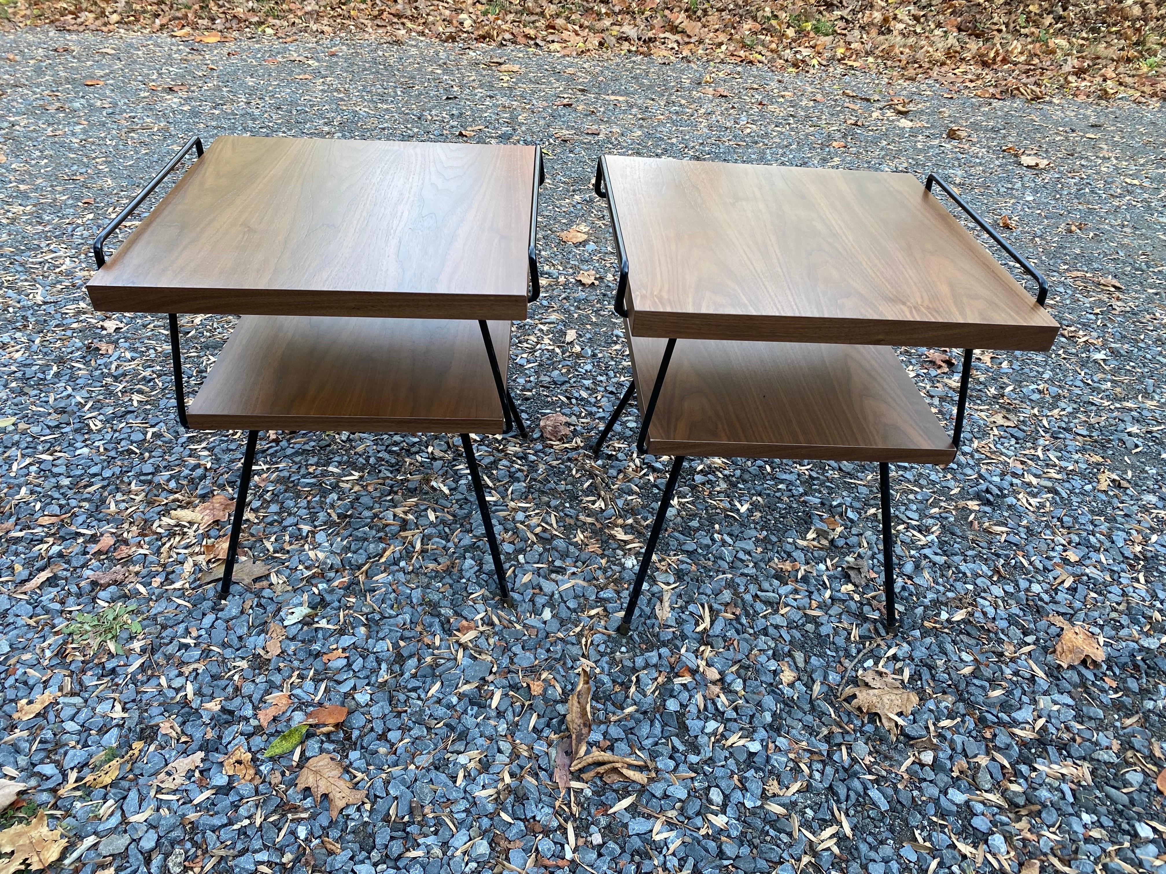 Mid-20th Century Tony Paul Style Pair of Walnut and Iron End Tables For Sale