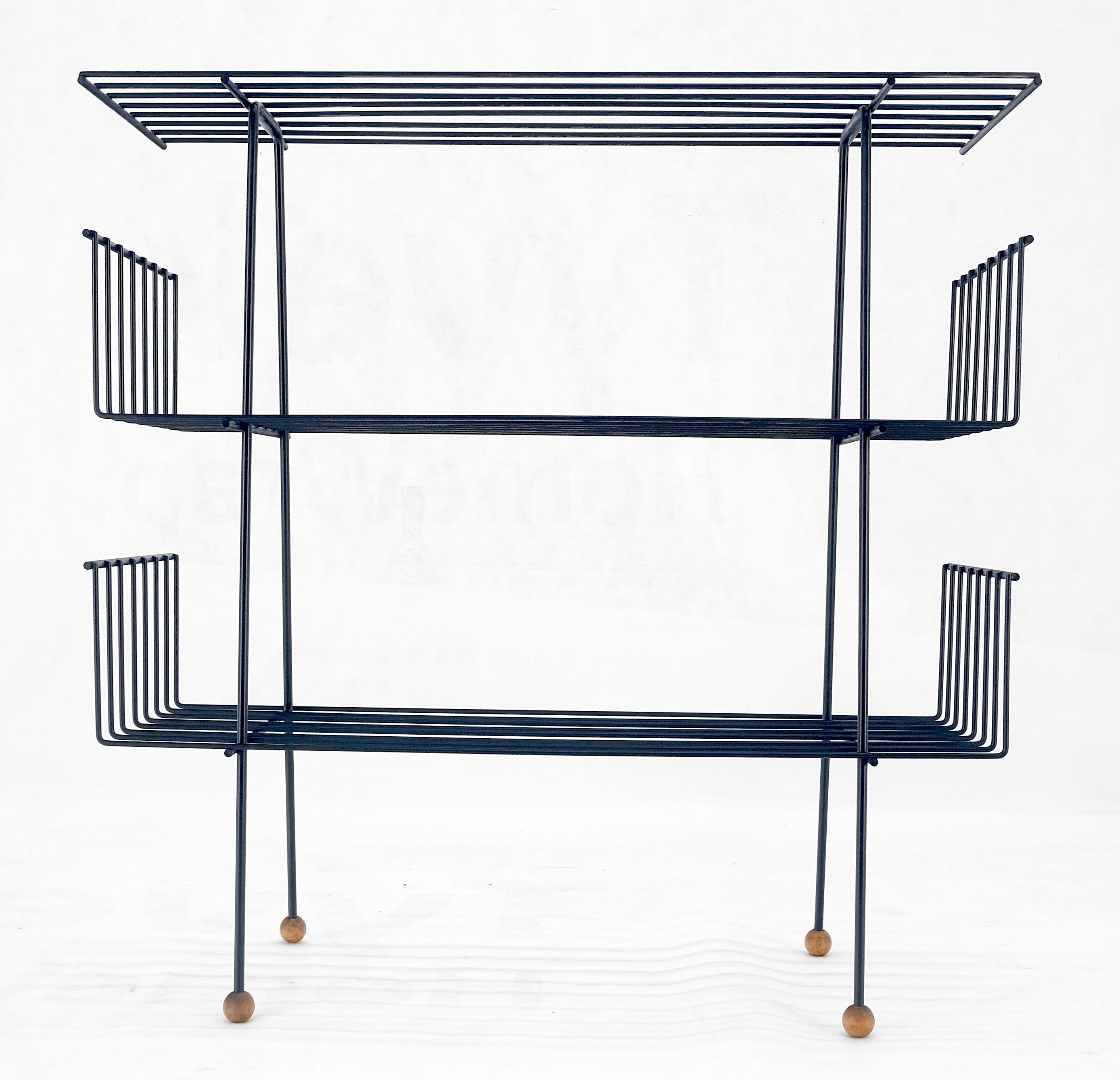 American Tony Paul Style Vintage c1970s Bent Wire Magazine Rack Shelf Wood Ball Feet MINT For Sale