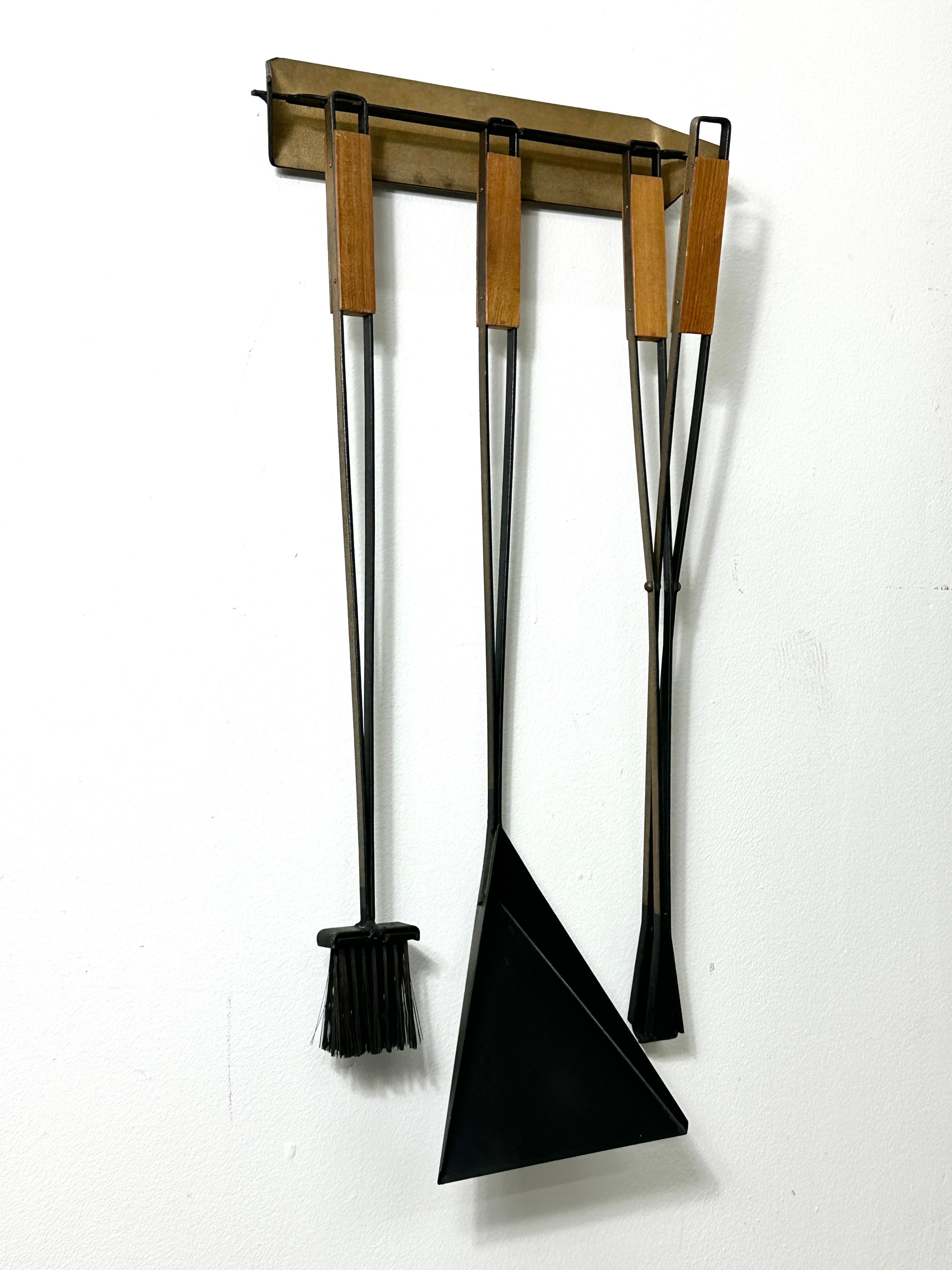Mid-Century Modern Tony Paul Wall Mount Fireplace Tool Set for Woodlin-Hall 1950s For Sale