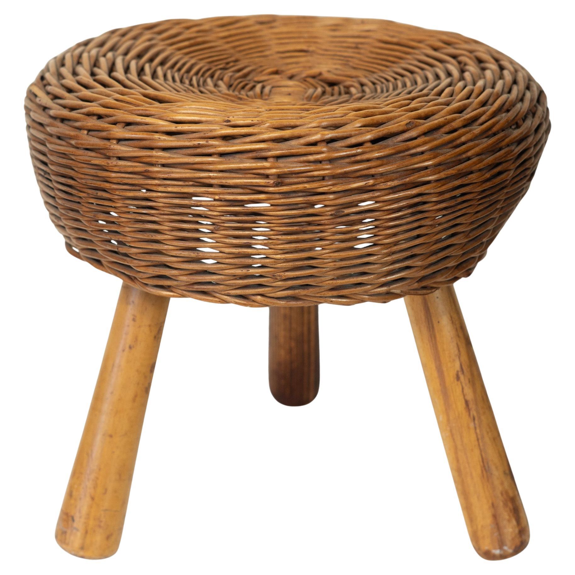 Tony Paul Woven Wicker & Wood Tri-Leg Stool, USA, 1950s