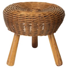 Sgabello a tre gambe in vimini e Wood Wood di Tony Paul, USA, anni '50