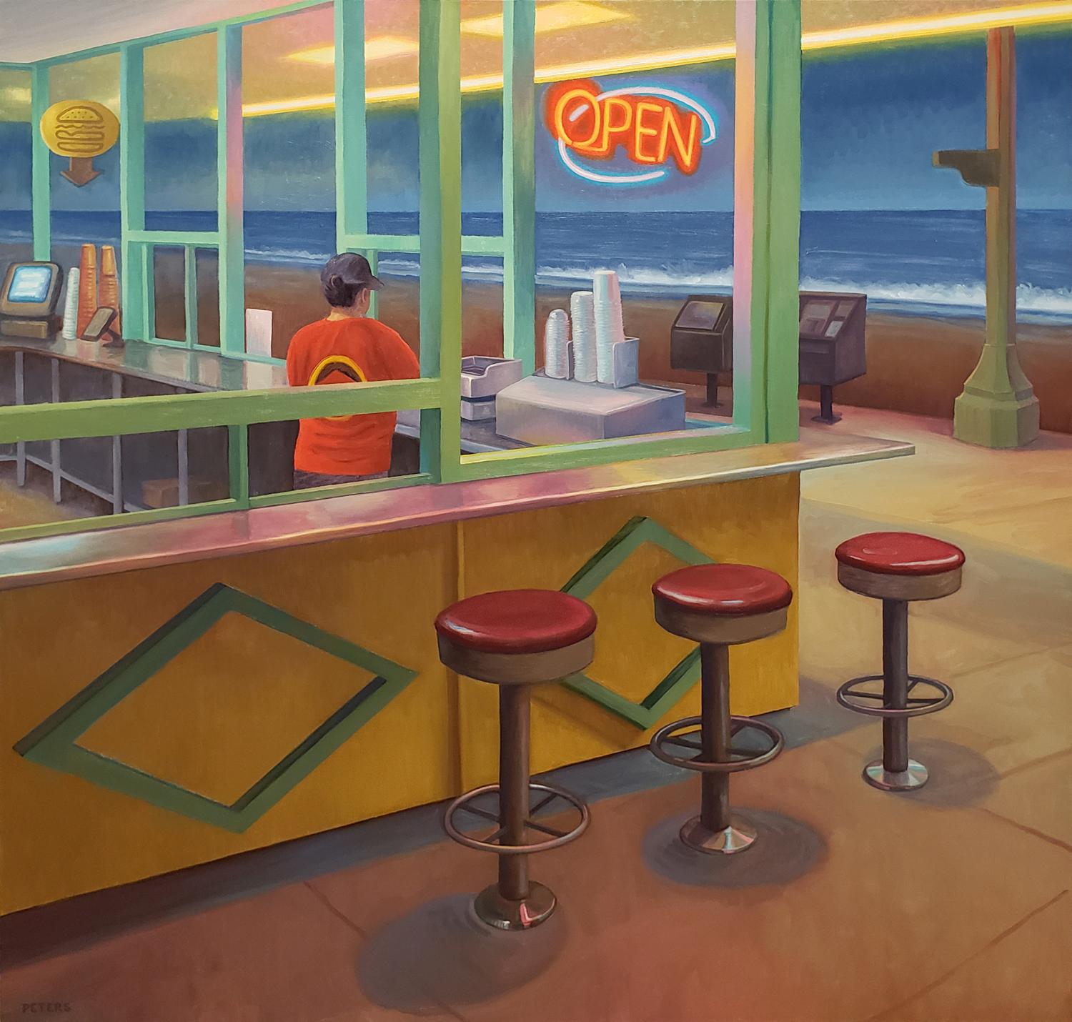 Night Burger; Genre painting of a fast food worker looking out to a quiet beach - Painting by Tony Peters