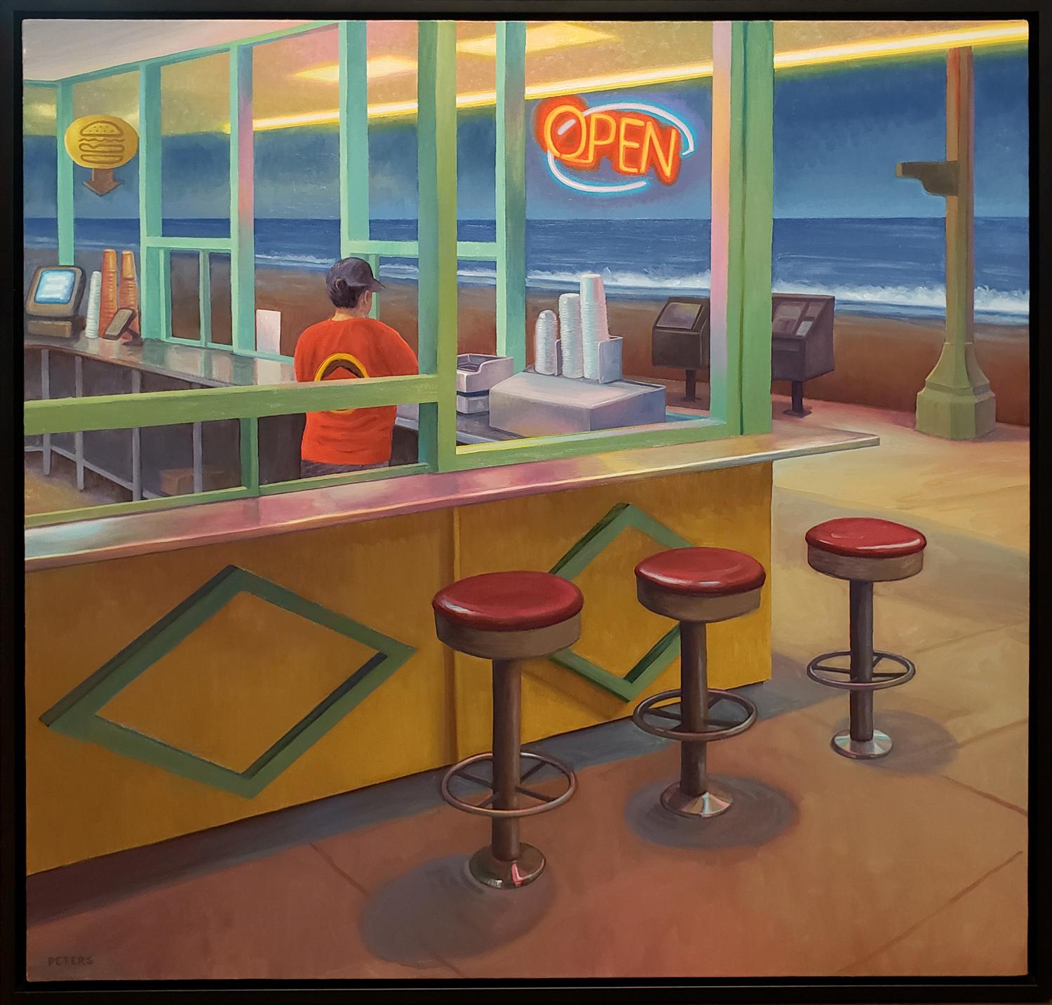 Tony Peters Landscape Painting - Night Burger; Genre painting of a fast food worker looking out to a quiet beach