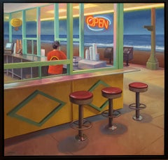 Night Burger; Genre painting of a fast food worker looking out to a quiet beach