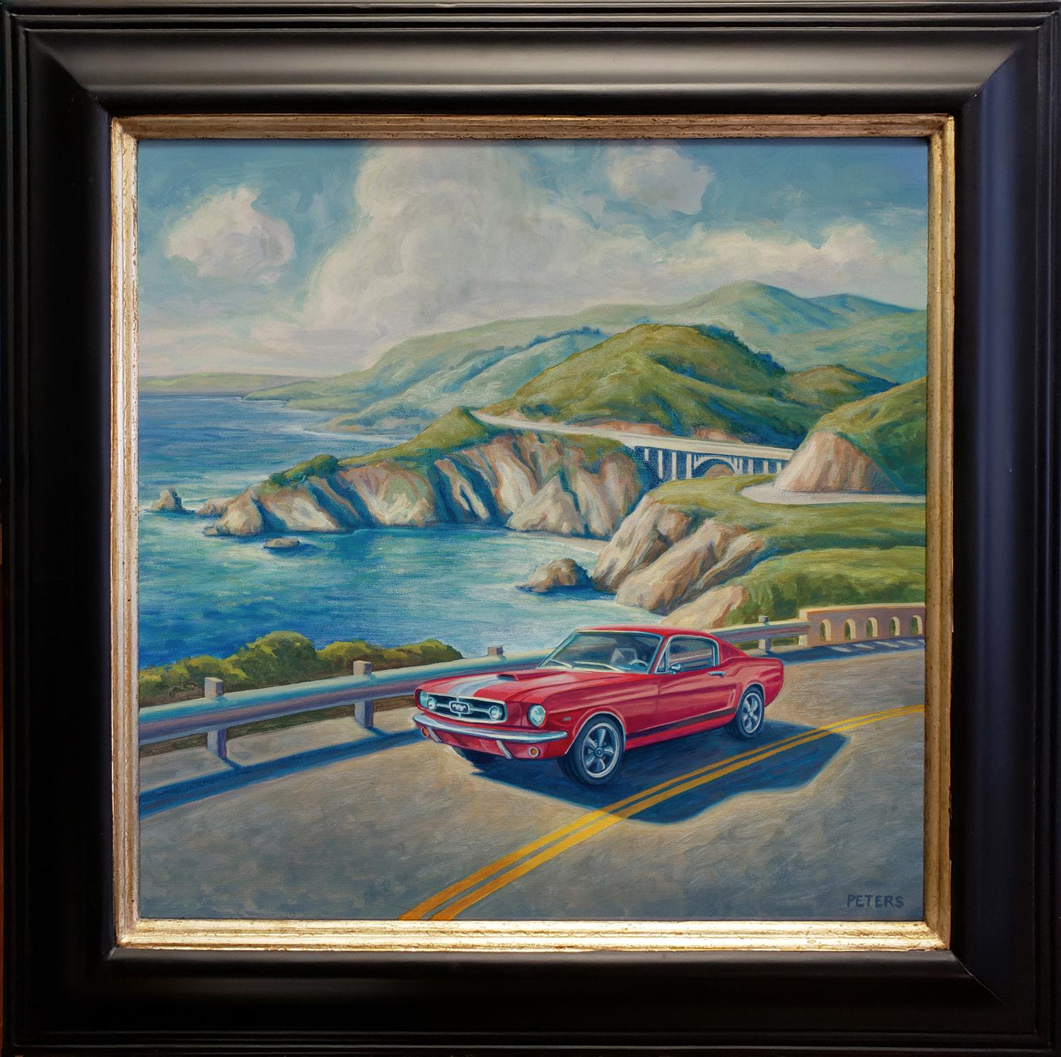 Red Mustang, Bixby Bridge - Painting by Tony Peters