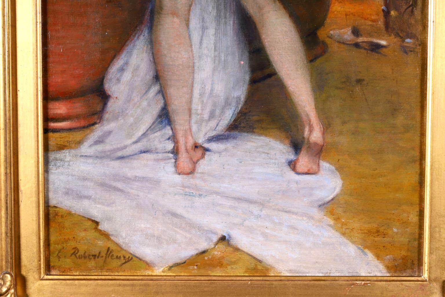 A beautiful oil on original canvas circa 1903 by French academic painter Tony Robert-Fleury depicting a nude drying herself with a white towel beside a copper bath. The light from the window behind the painter illuminates the wall