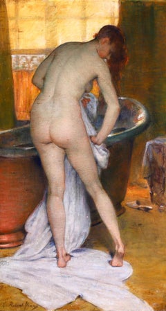 Antique Apres le bain - French Academic Oil, Nude in Interior by Tony Robert-Fleury