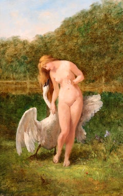 Leda and the Swan - French Academic Oil, Nude in Landscape by Tony Robert-Fleury