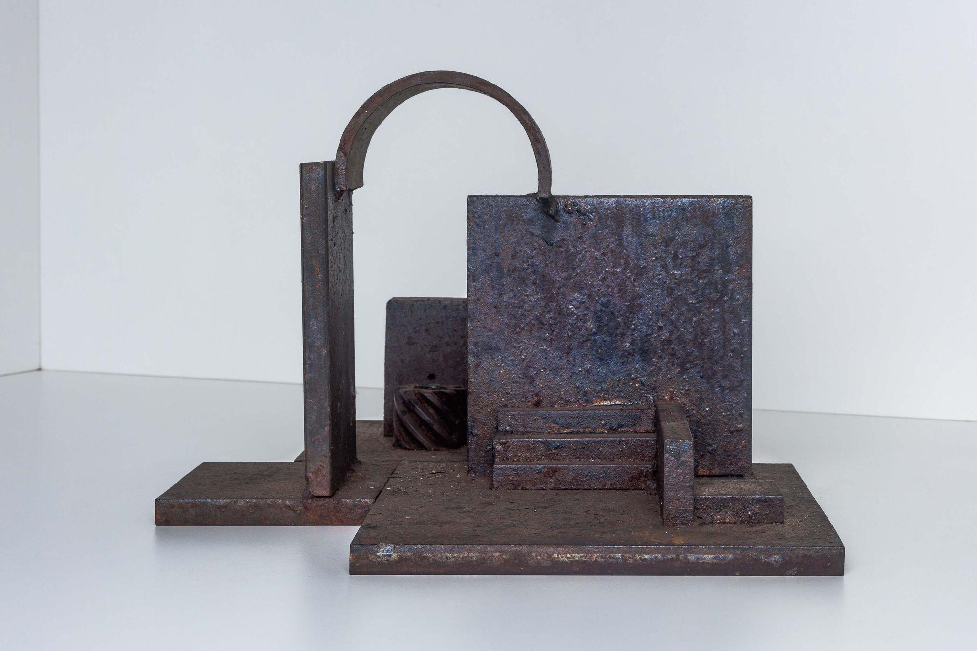 Tony Rosenthal Welded Steel Architectural Sculpture
Untitled. Welded steel sculpture with oxidized surface finish composed of architectural elements, unsigned, Circa 1980.
From The Estate Collection of Tony Rosenthal.

This piece comes with a