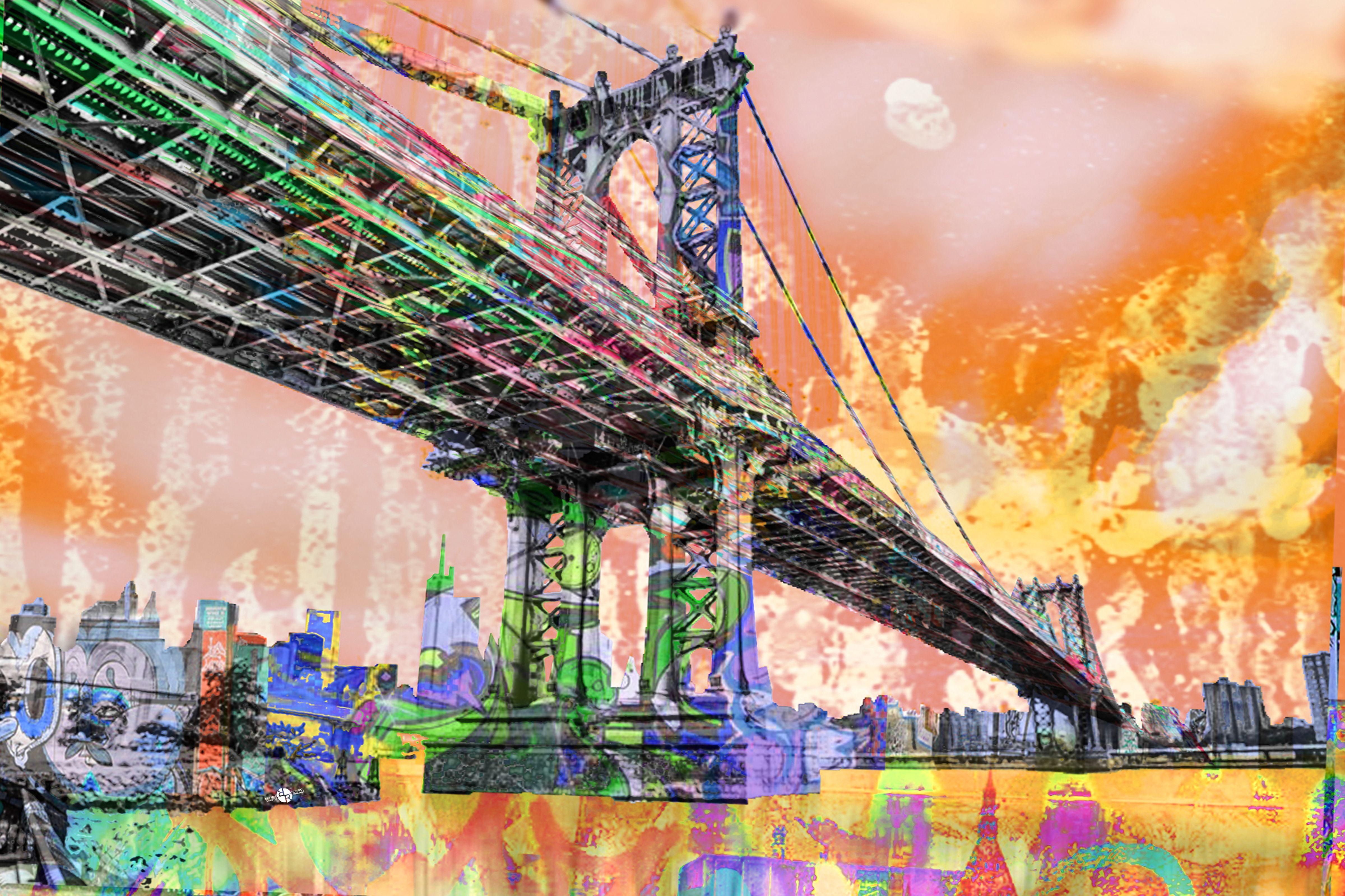 Nueva York Puente de Manhattan Oro 3, Técnica mixta sobre lienzo - Mixed Media Art de Tony Rubino