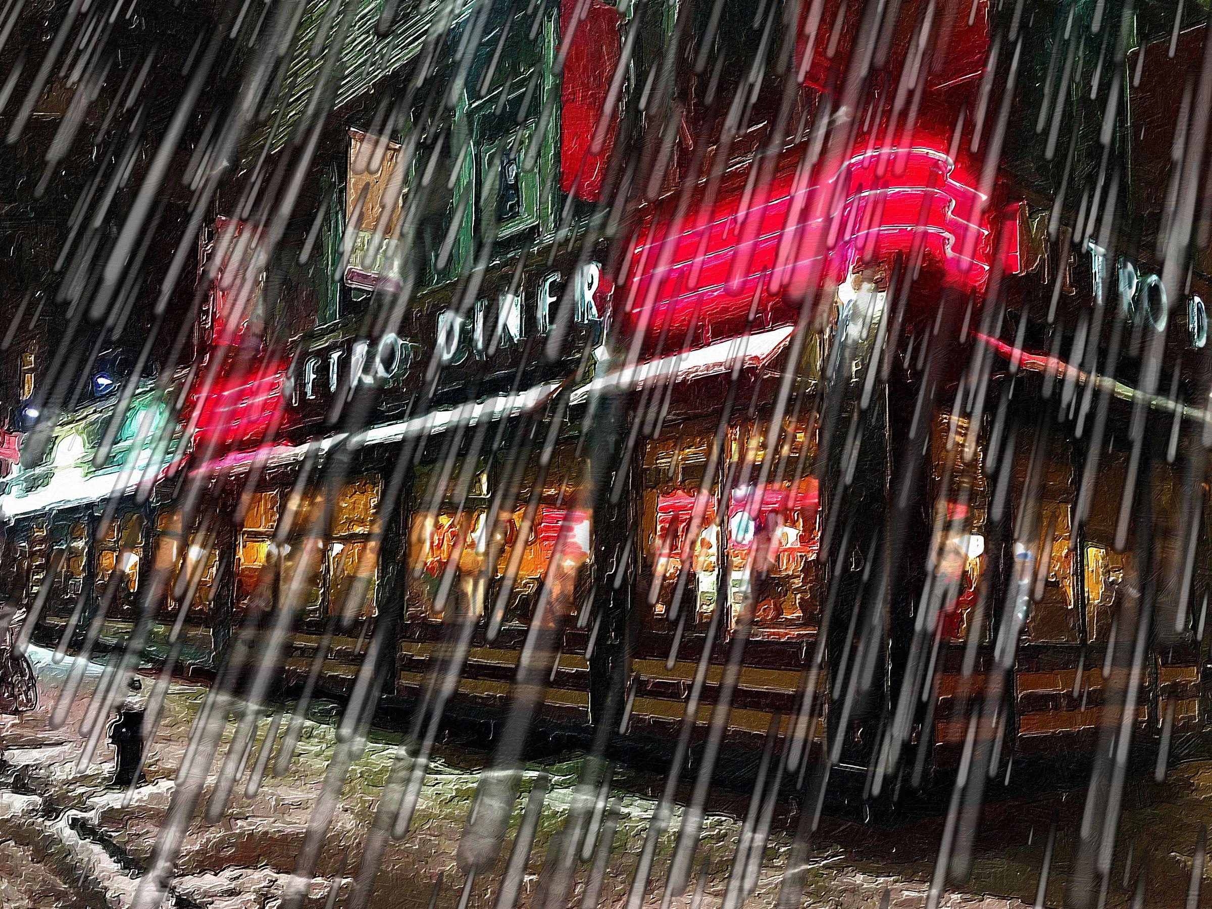 New York City Skyline Rain Snow Storm Diner, Mixed Media on Canvas