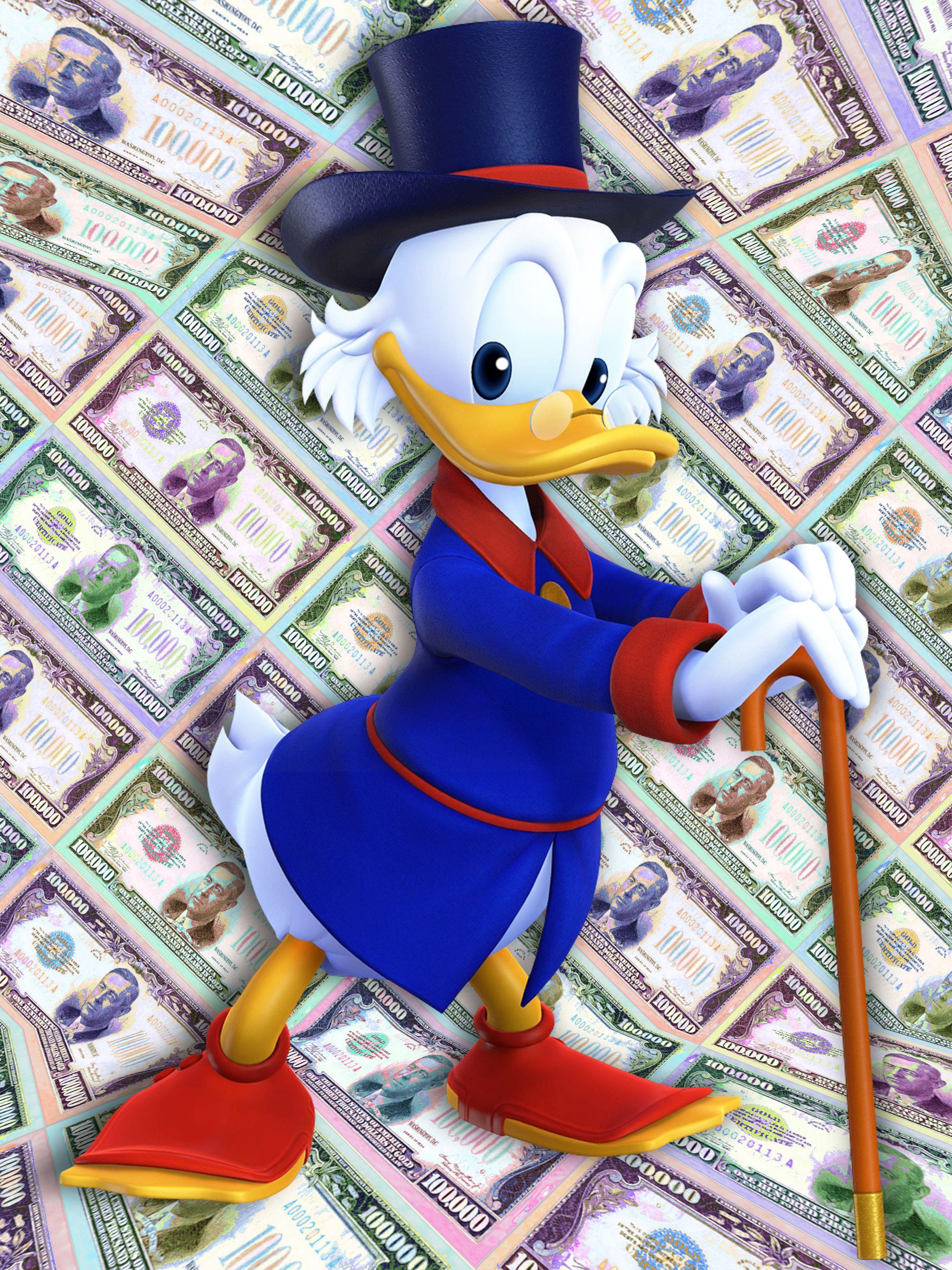 Scrooge McDuck Geld Gangsta Rich Cash Bills Pop 1, Mixed Media auf Leinwand – Mixed Media Art von Tony Rubino