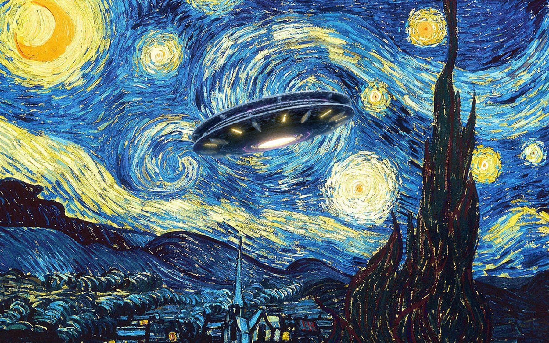 UFO Alien Abduction Starry Night Van Gogh Painting, Mixed Media on Canvas