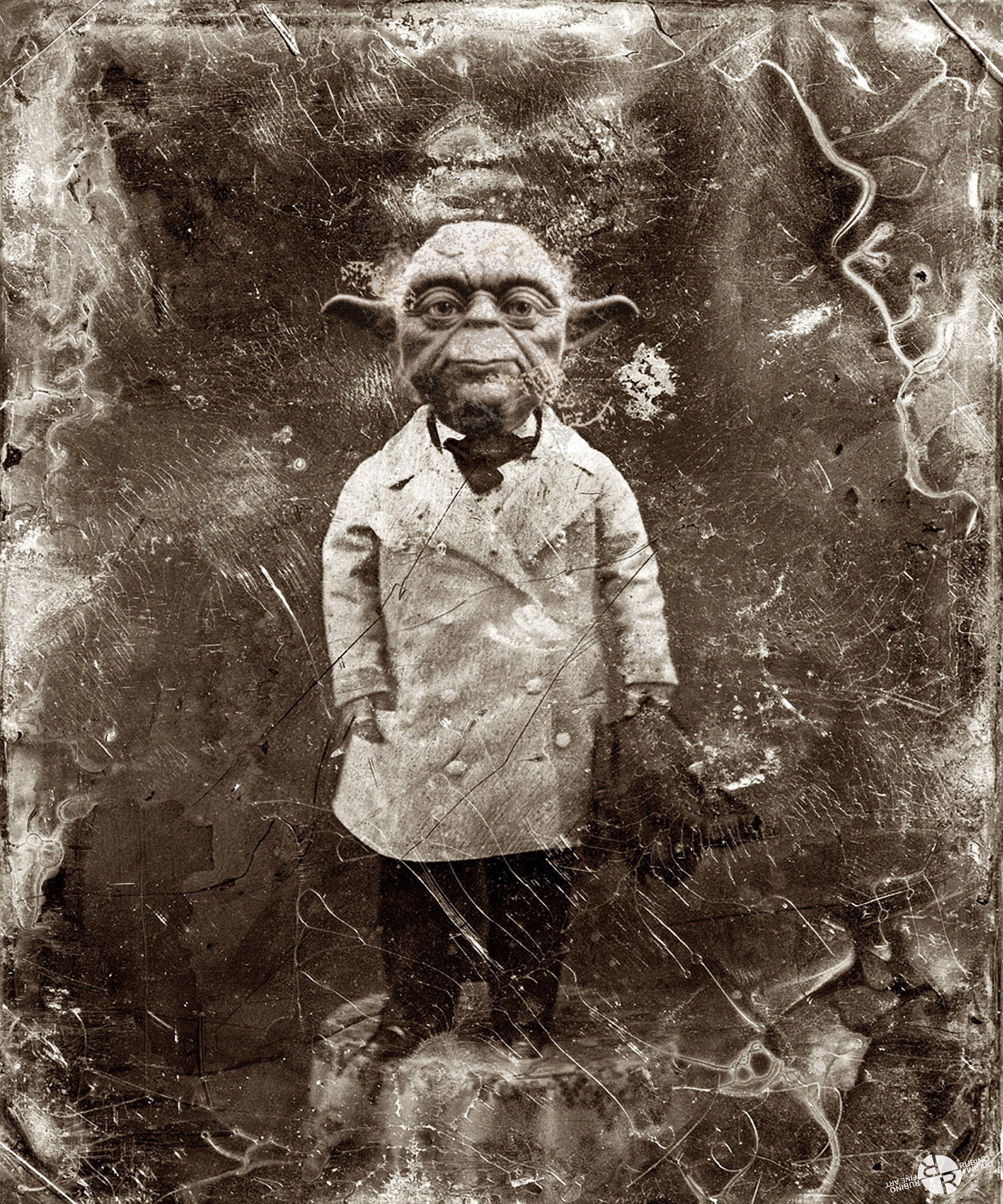 Yoda Star Wars, antikes Foto, Mischtechnik auf Leinwand – Mixed Media Art von Tony Rubino