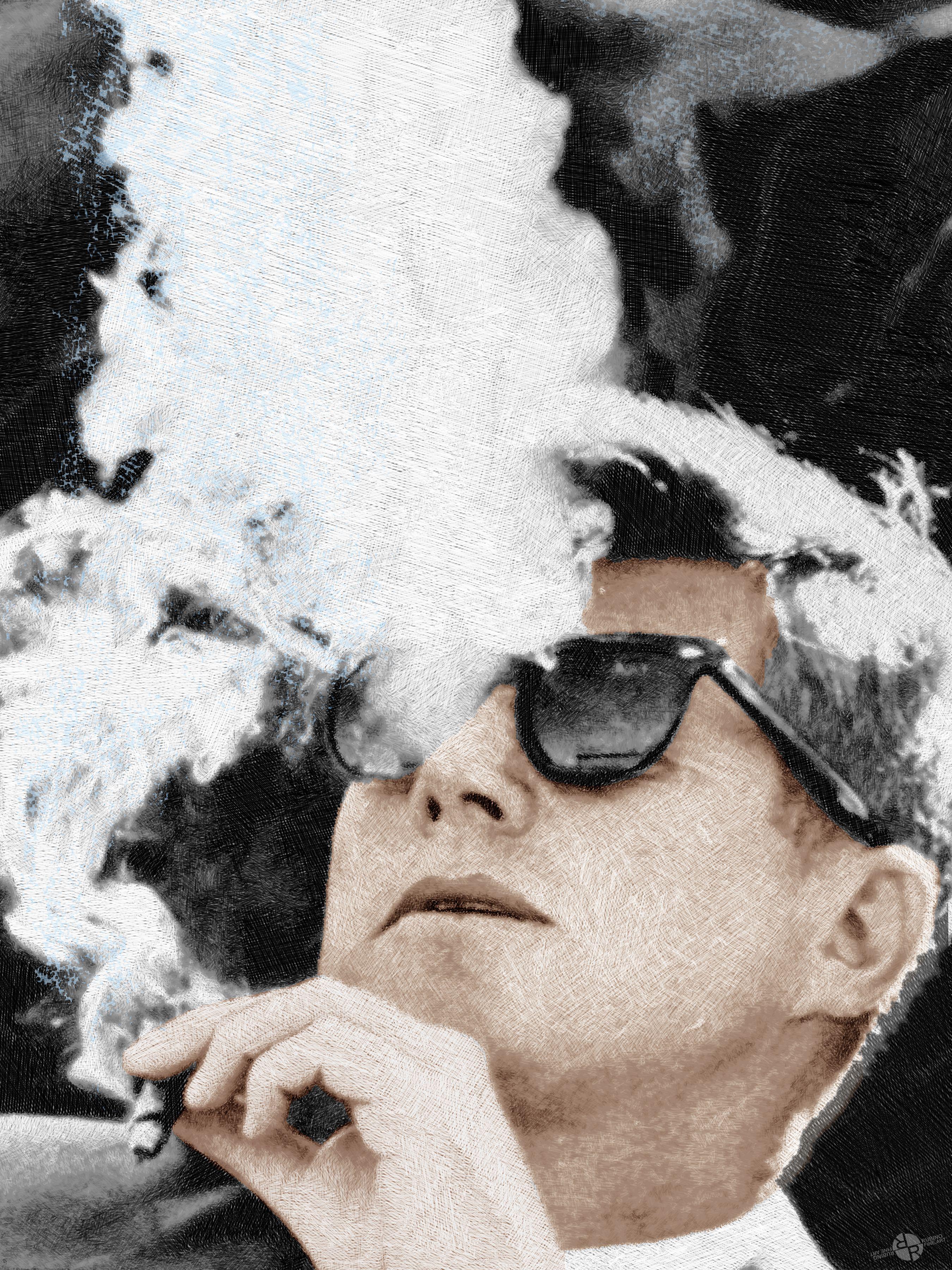 John F. Kennedy Cigarro y gafas de sol Cool LFK, Pintura, Acrílico sobre lienzo - Painting de Tony Rubino