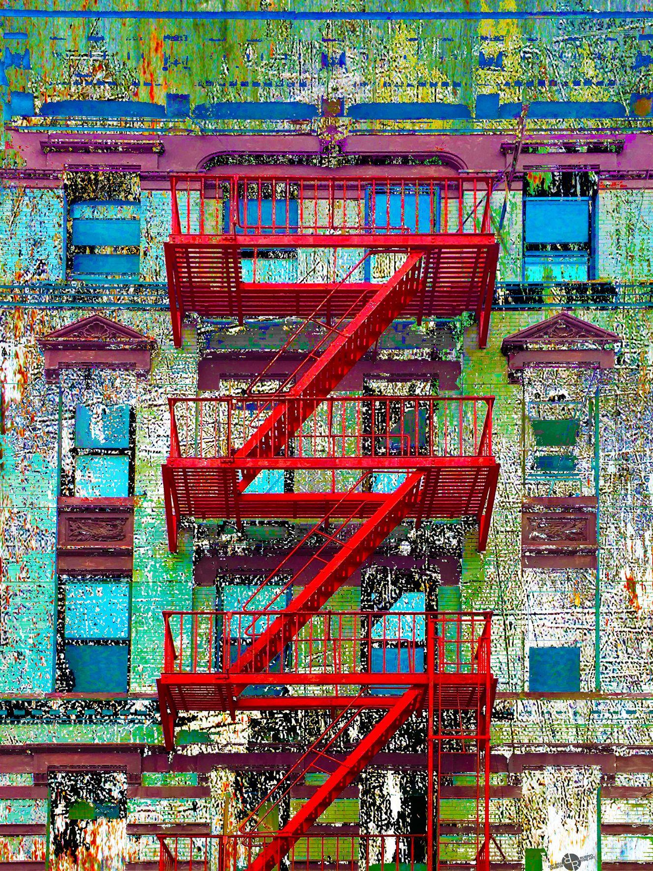 Fuga roja de incendios Nueva York, Pintura, Acrílico sobre lienzo - Painting de Tony Rubino