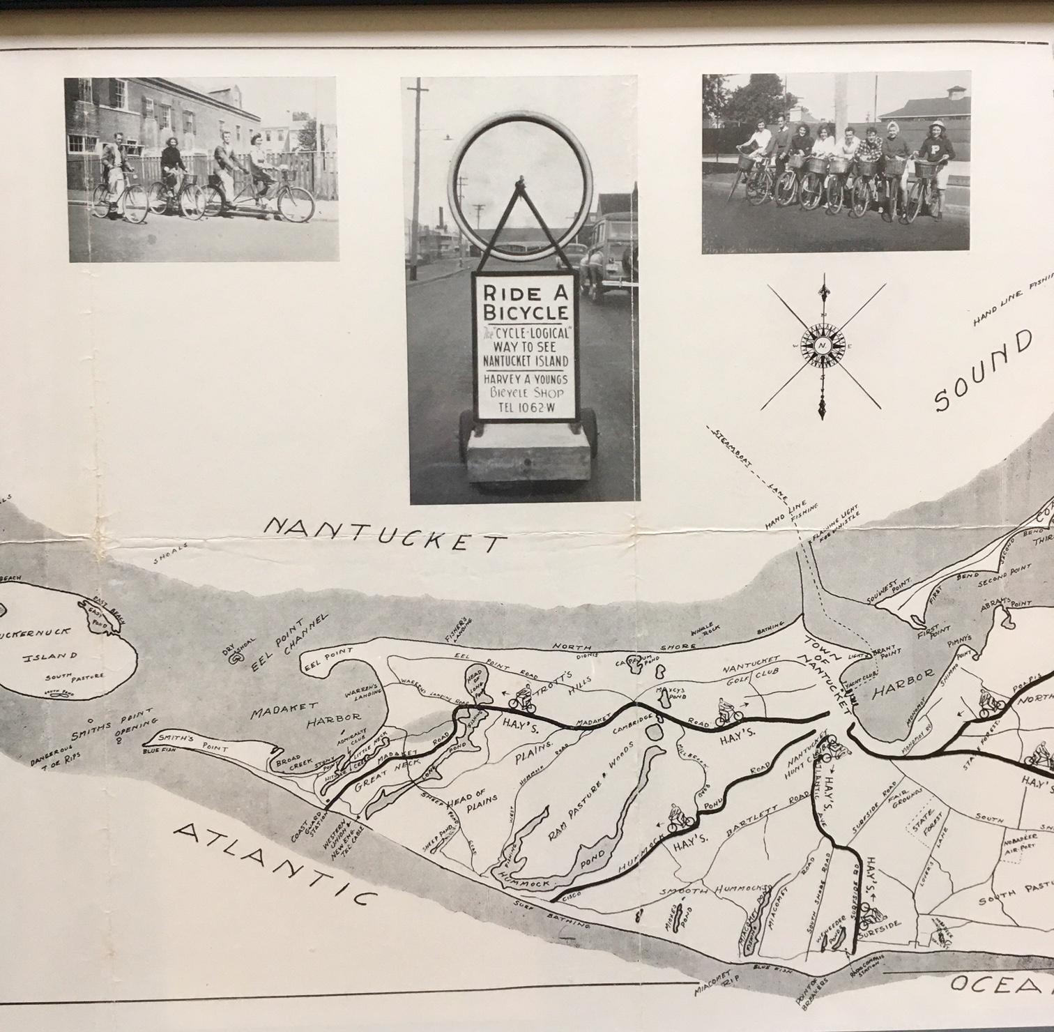 Very rare young's bicycle shop map of Nantucket, by noted folk artist/author/puppeteer Tony Sarg (1880 - 1942), made in the early 1930s, comprising a map with island details and place names, suggested bike touring routes labeled H.A.Y.'s (for