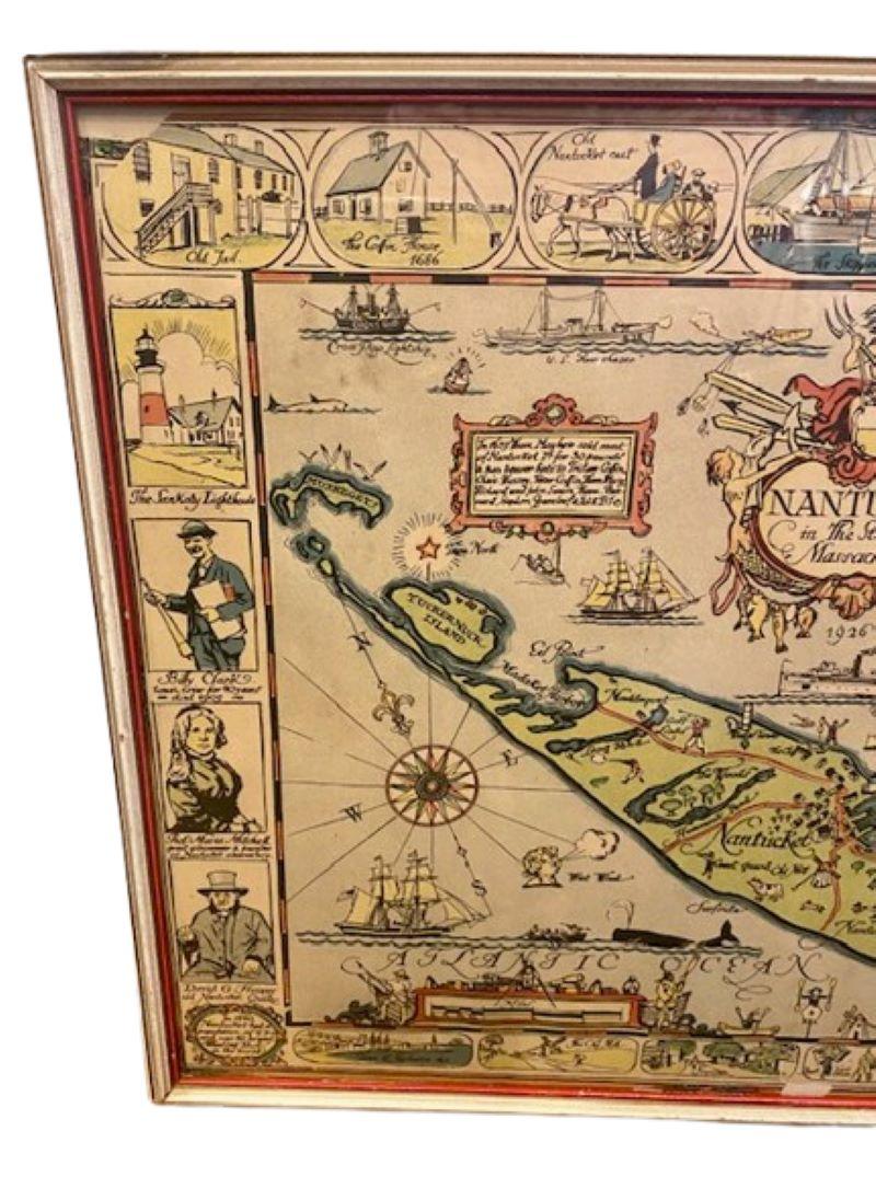 Antique Tony Sarg Hand Colored Whimsical Map of Nantucket, circa 1926, a decorative colored folk art tourist map of Nantucket Island by Tony Sarg (Nantucket: 1880 - 1942) depicting geographic features, place names and streets, as well as historic