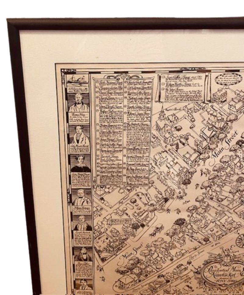 Tony Sarg Map of Residential Main Street, Nantucket, 1937, eine schwarz-weiß gedruckte Karte unserer historischen Downtown, mit Abbildungen der einzelnen Gebäude, Straßennamen und skurrilen Figuren sowie einem Einleger oben links, der Einzelheiten