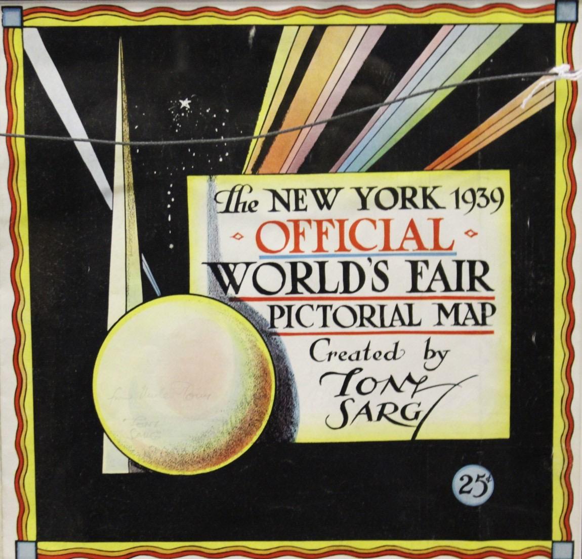 Classic original double-sided (custom framed) colour map by Tony Sarg (1880-1942) for the New York 1939 World's Fair
Pencil signed: From 'Uncle' Tony, Tong Sarg on right Moon on verso 

Art Sz: 11