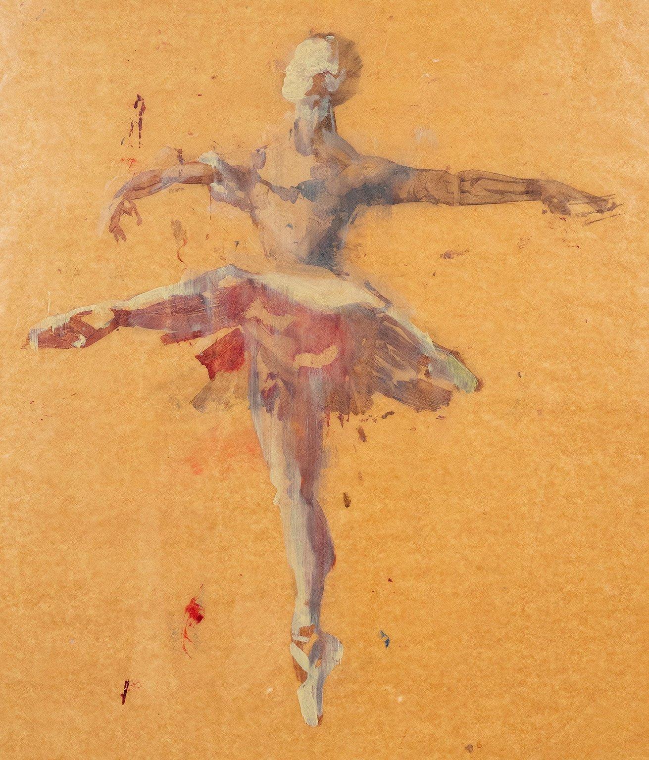 a painting of a ballet class at practice