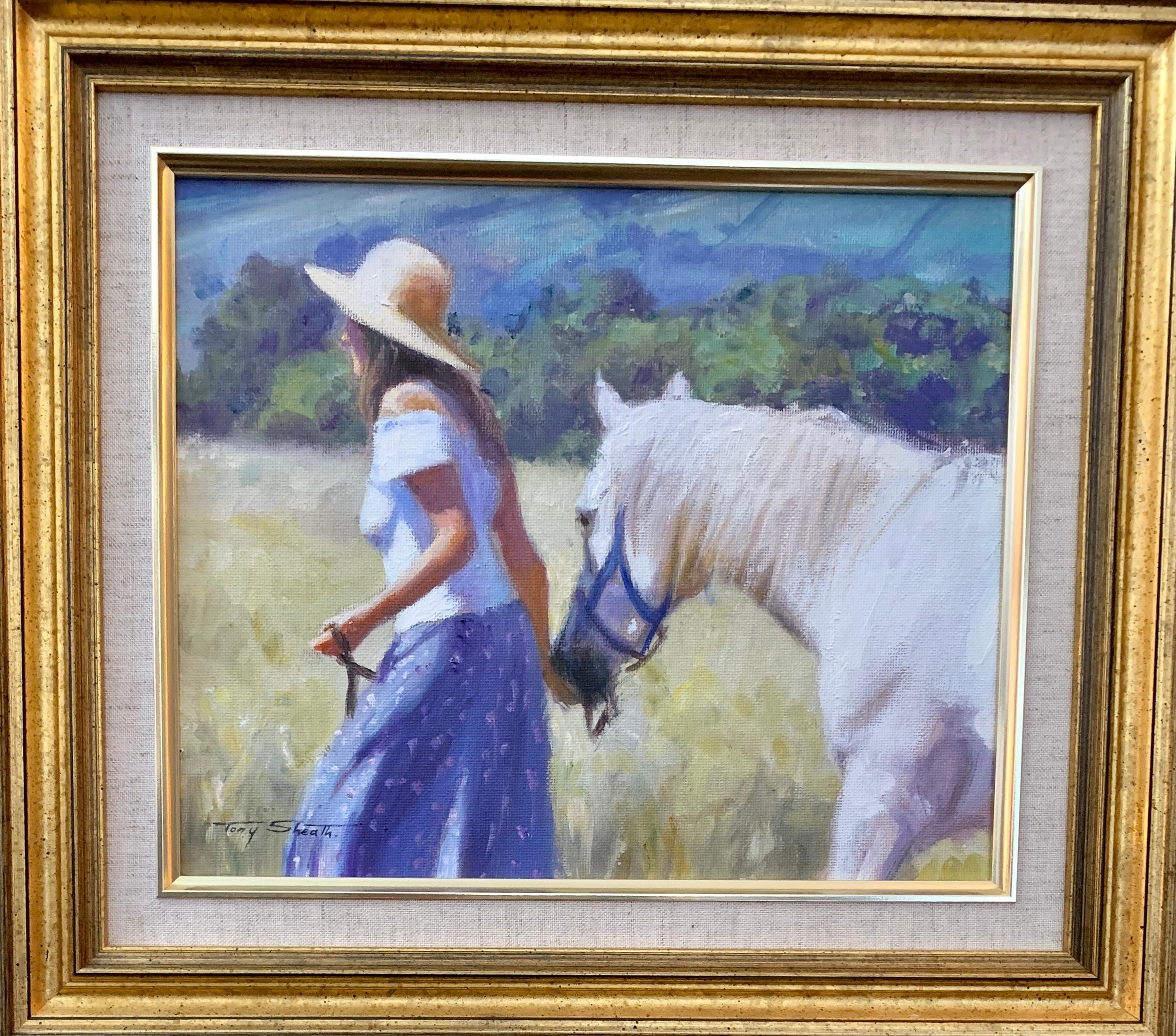 Tony Sheath Animal Painting - Girl with her horse in an Impressionist landscape in an English Summer