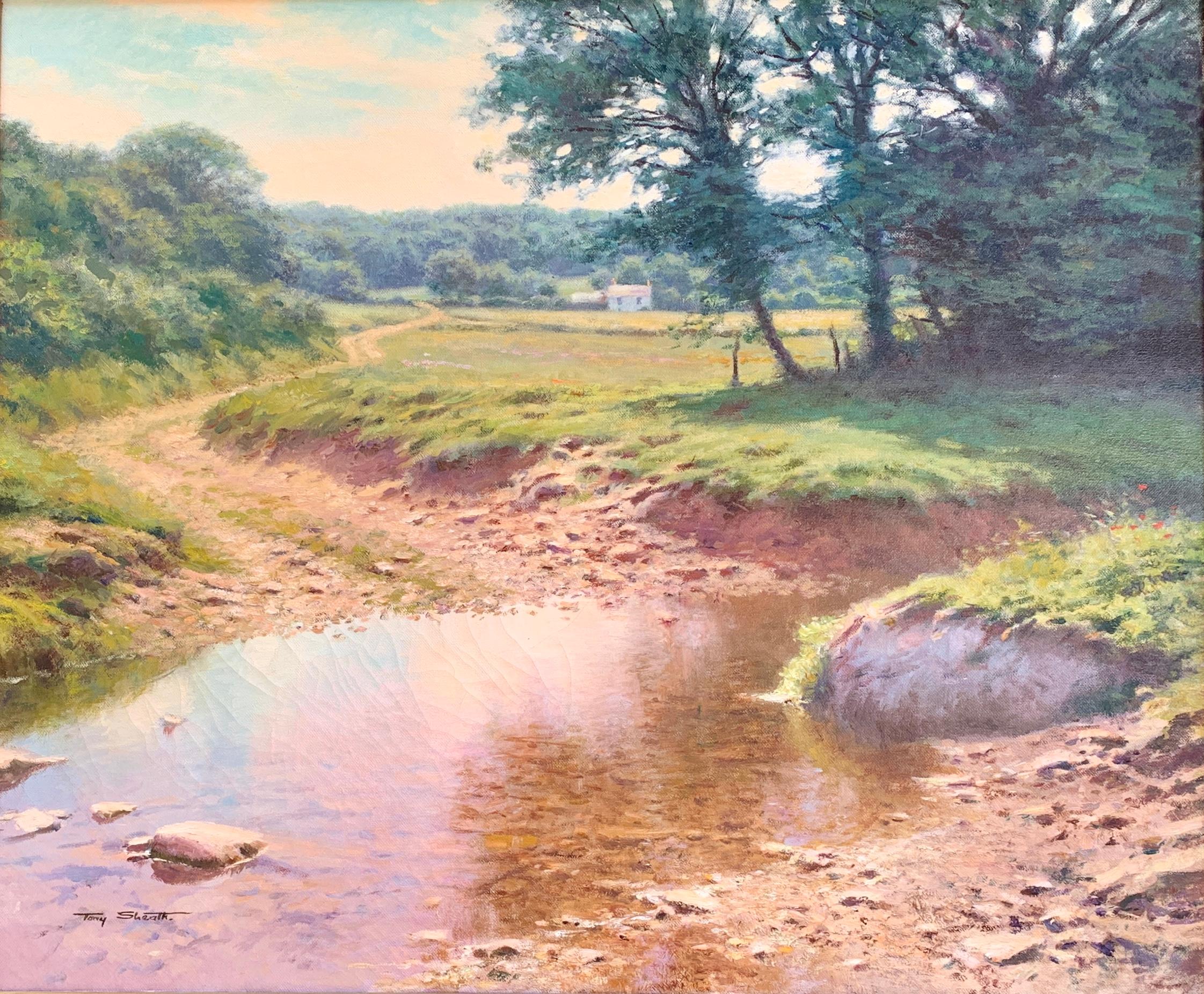  Impressionist landscape during an English Summer, the River crossing at mid day - Painting by Tony Sheath