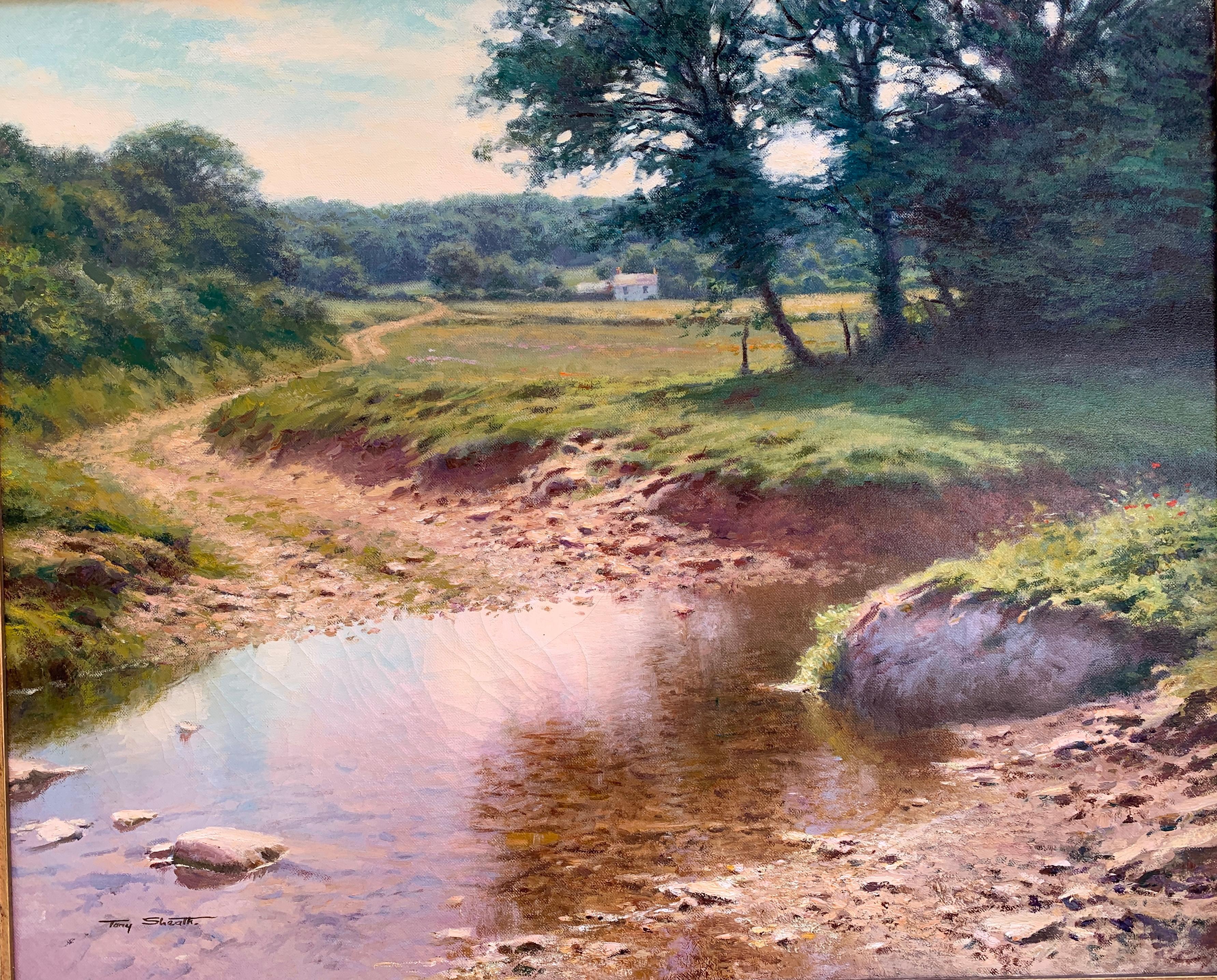  Impressionistische Landschaft während eines englischen Sommers, Flussüberquerung zur Mitte des Tages (Impressionismus), Painting, von Tony Sheath