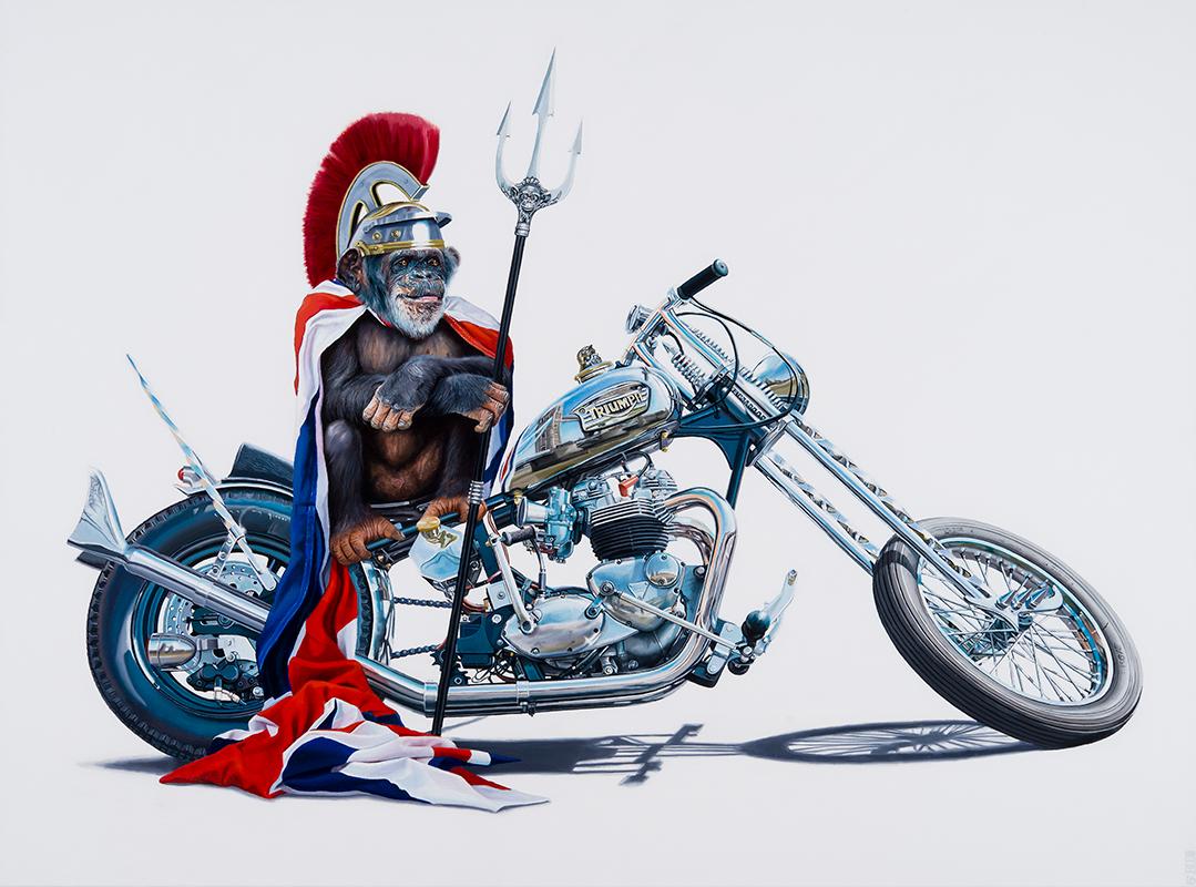 An iconic painting by Tony South of a chimp sitting on a Triumph motorcycle. Originally known as Triumph Engineering, Triumph Motorcycles Ltd. was taken over by John Bloor in 1904 and has become Britain's largest motorcycle manufacturer.

The chimp