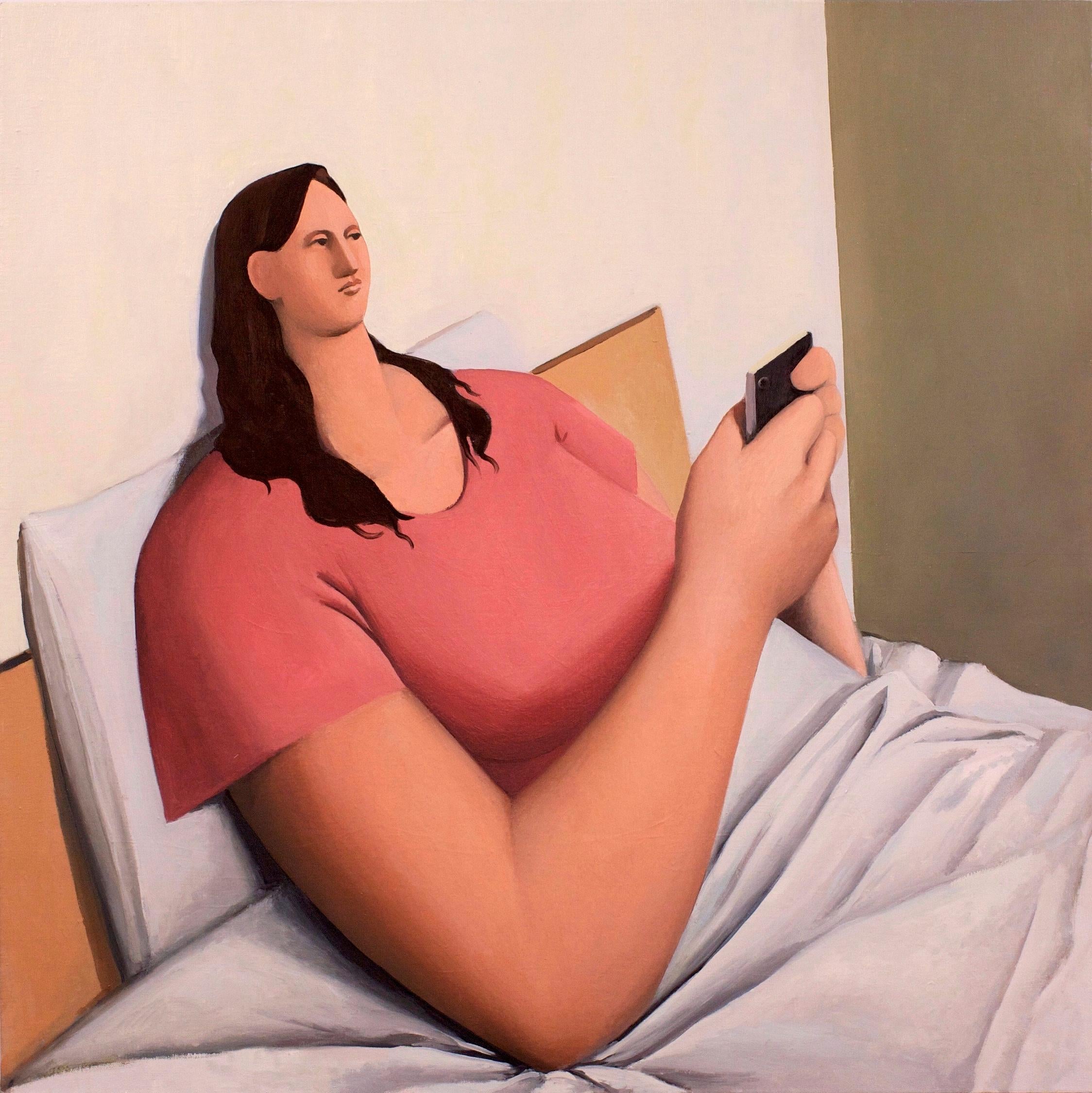 This is an oil painting on linen of a female figure sitting in bed.  This work was exhibited at our gallery during the summer exhibition, Summertime Sadness. The works were well received and two articles were published about the exhibition.