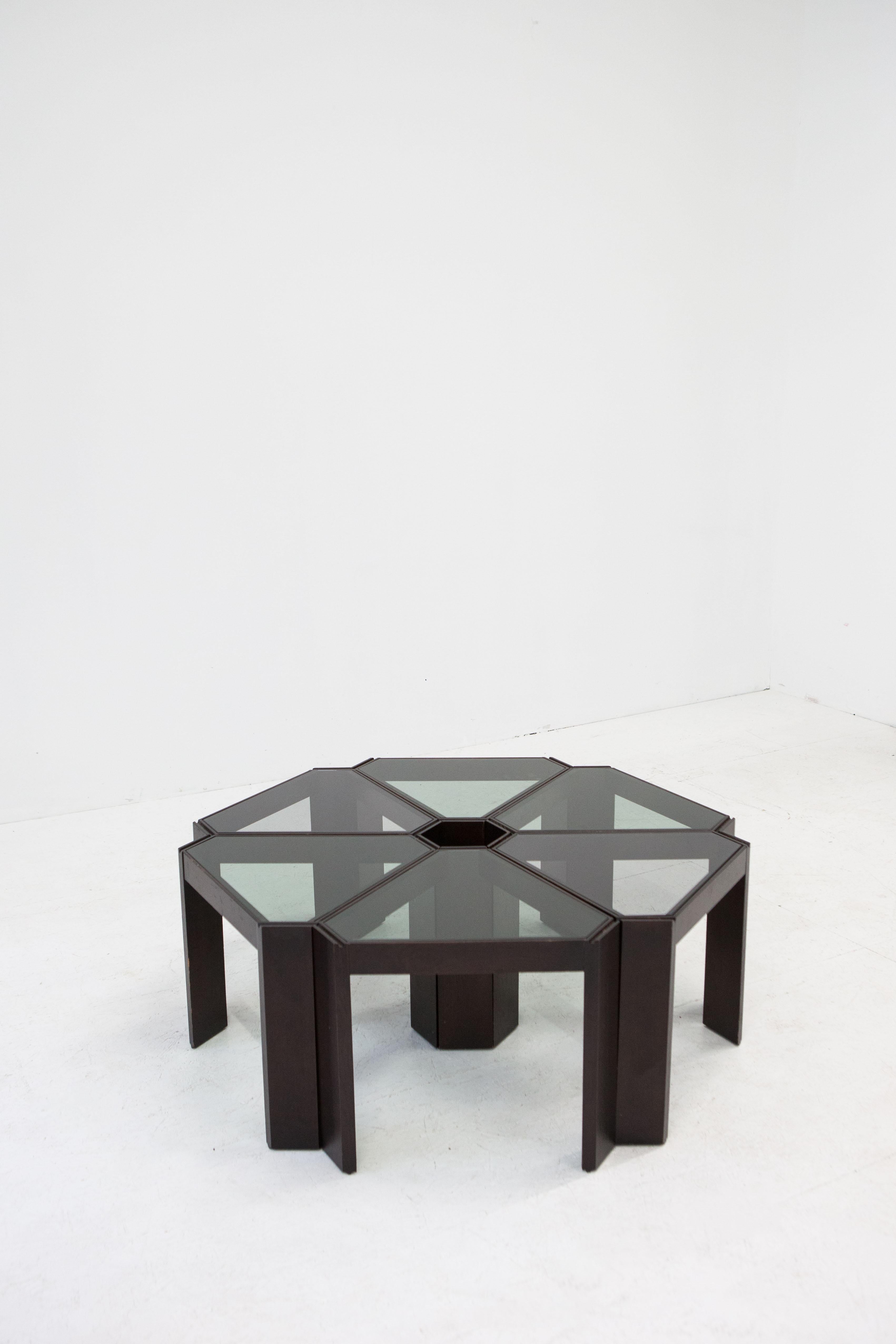 Smoked Glass Tony triangle stackable side tables by Porada Arredi, set of 6, 1970s For Sale