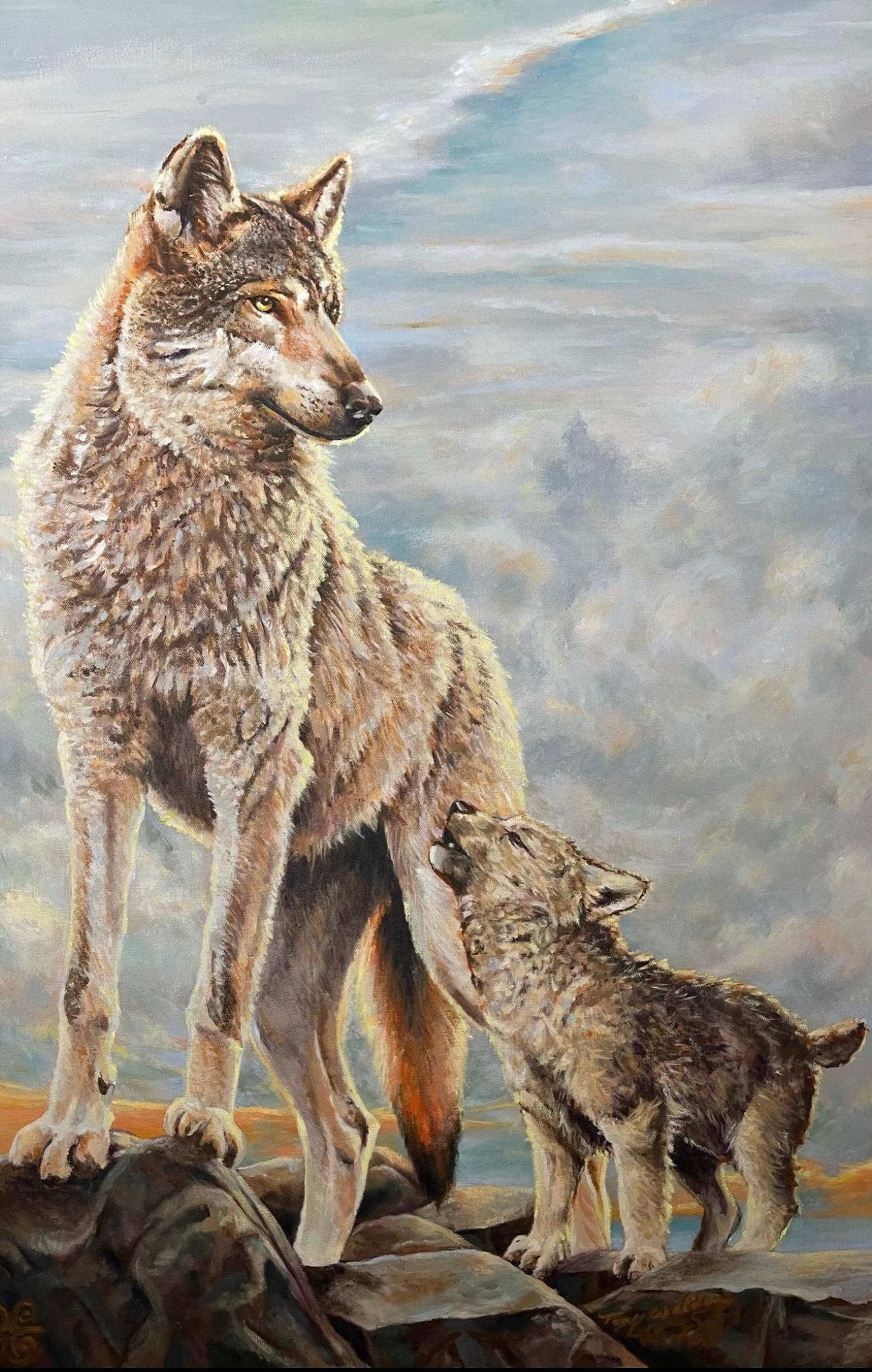 "Something To Say" (2023) de Tony, Two Feather, Weldon est une peinture acrylique originale faite à la main représentant un loup et un bébé loup qui hurle. Cette peinture mesure 40 x 30 pouces et n'est pas encadrée mais prête à être accrochée.