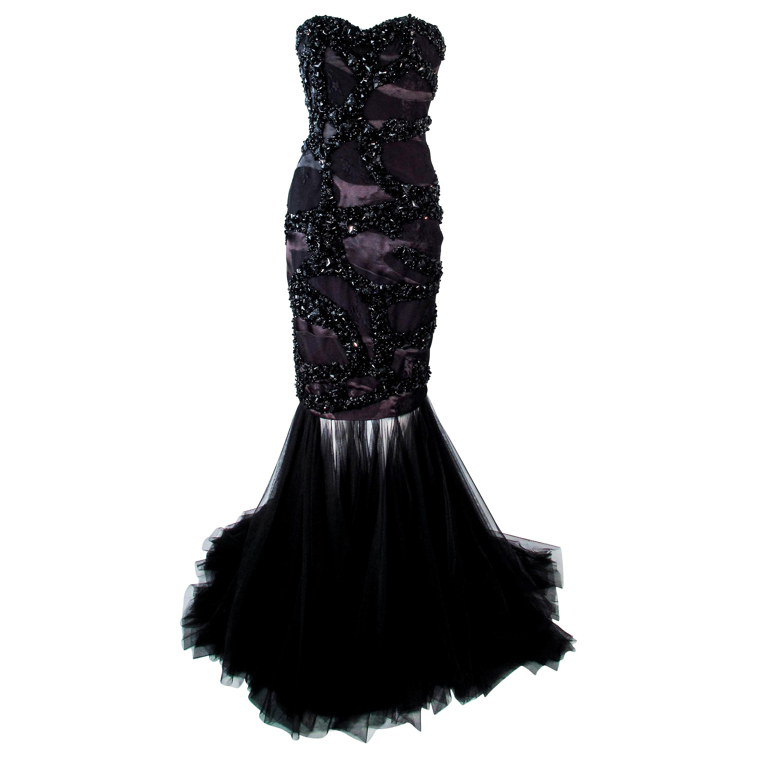 Pre-owned Tony Ward Black Beaded & Sequin Mesh Detachable Gown Size 4