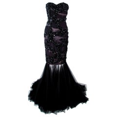 TONY WARD Black Beaded & Sequin Mesh Detachable Gown Size 4