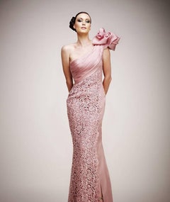 TONY WARD Dress 8 Pink Lace Ruched Shoulder Rufle Evening Gown - Retails $3800