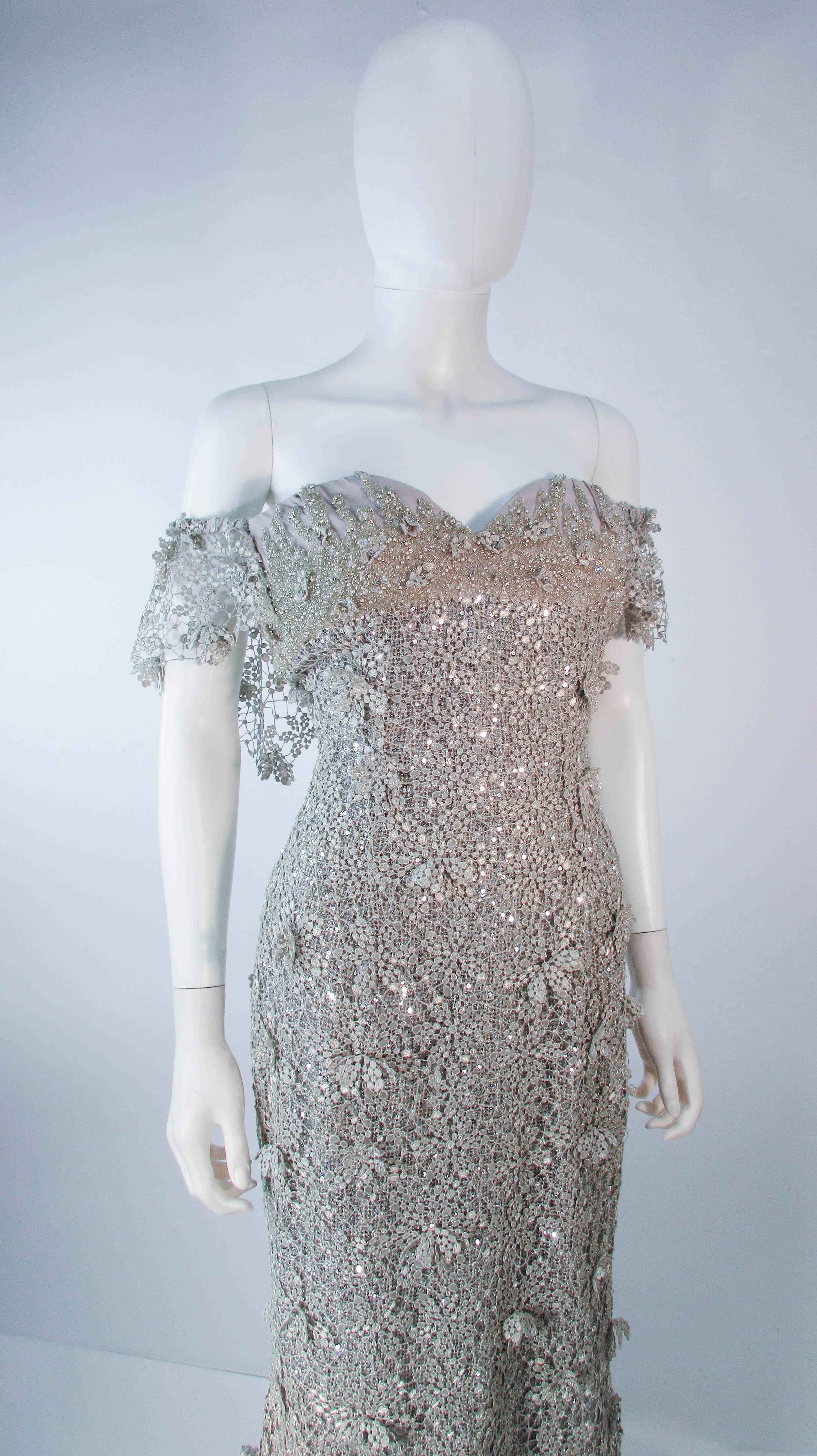 TONY WARD Silver Metallic Lace Gown Size 2 4  1