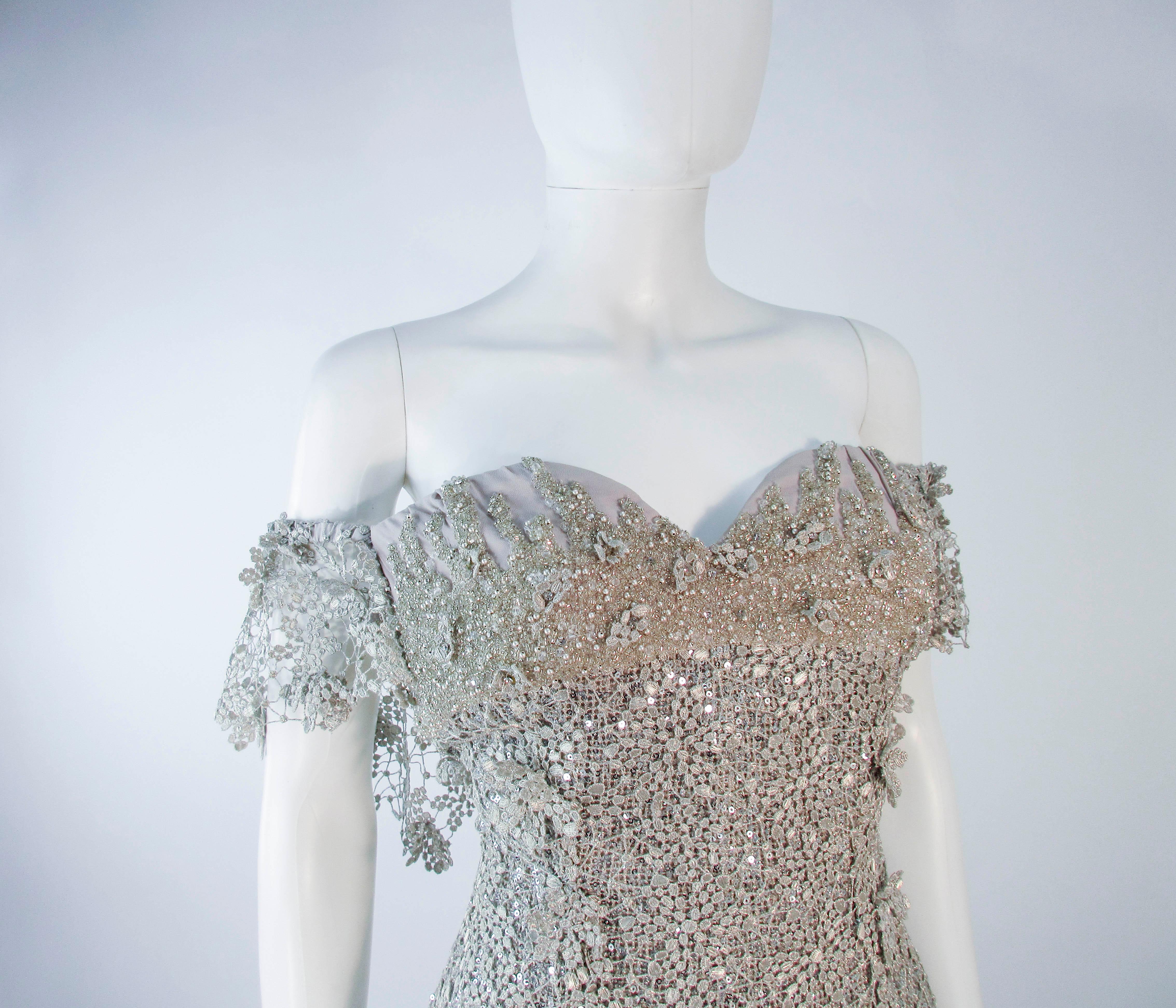 TONY WARD Silver Metallic Lace Gown Size 2 4  2